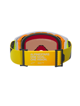 Alpinestars Supertech Corp Absolute Vision Schutzbrille, Rückansicht, neongelbes Band mit „ALPINESTARS ONE GOAL. ONE VISION.“-Branding, orange-grauer Rahmen mit mehrlagigem schwarzem Gesichtsschaum, warm getönte verspiegelte Linse, Hochleistungs-Motocross-Brille