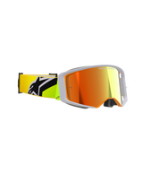 Alpinestars Supertech Corp Goggles Absolute Vision, Motocross-Brille, Gelb Fluo und Grau, rote verspiegelte Scheibe, Seitenansicht mit weitem peripherem Sichtfeld und neongelbem Band mit markantem schwarzem Alpinestars-Logo, professionelle Offroad-Rennausrüstung.