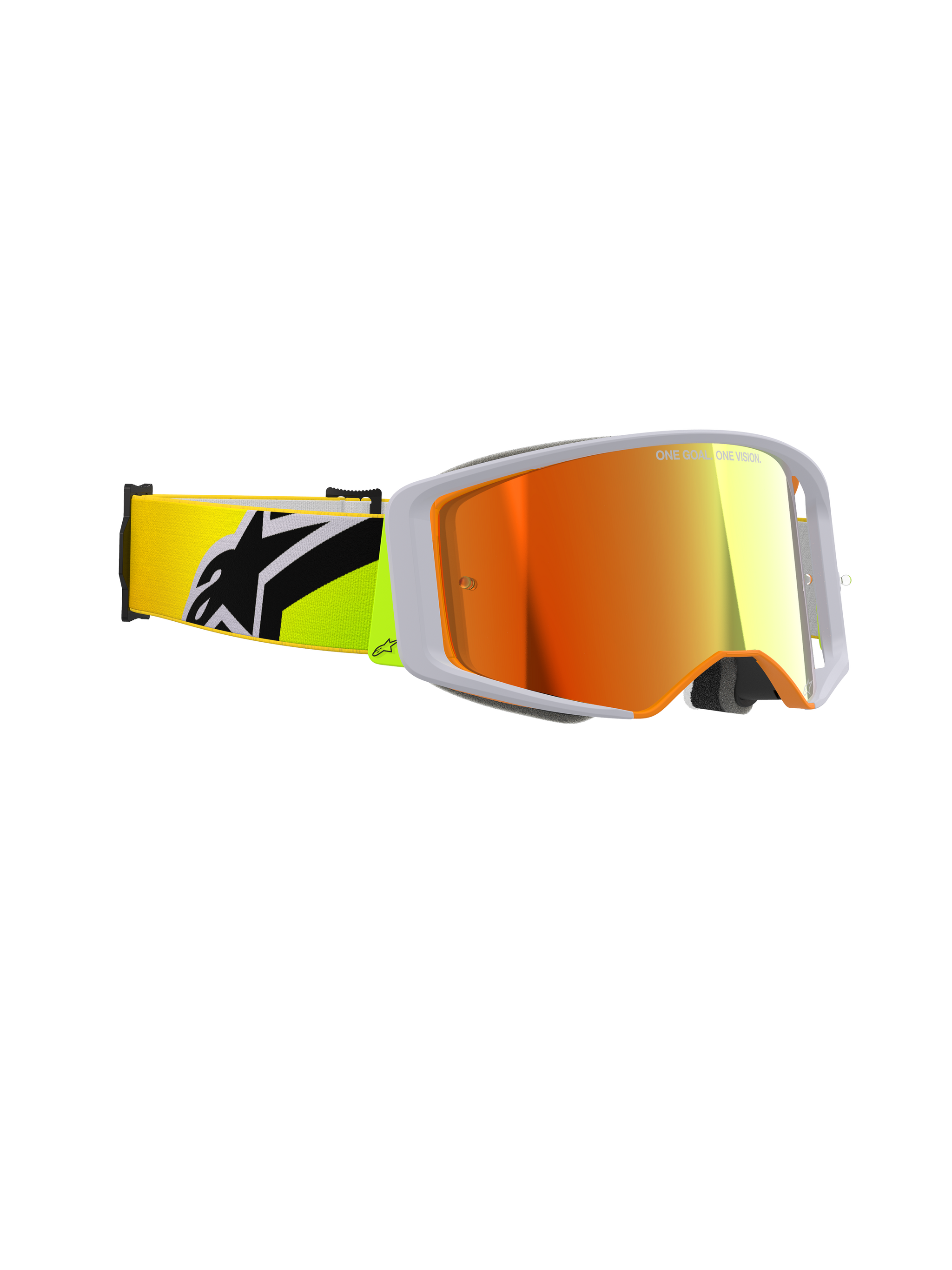Alpinestars Supertech Corp Goggles Absolute Vision, Motocross-Brille, Gelb Fluo und Grau, rote verspiegelte Scheibe, Seitenansicht mit weitem peripherem Sichtfeld und neongelbem Band mit markantem schwarzem Alpinestars-Logo, professionelle Offroad-Rennausrüstung.