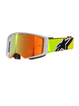 Alpinestars Supertech Corp Absolute Vision Brille, Motocross-Brille, Gelb Fluo und Grau, rot verspiegelte Linse mit 'One Goal. One Vision.' Schriftzug, fluoreszierend gelbes Band mit markantem schwarz-weißem Alpinestars-Logo, Hochleistungs-Offroad-Brille