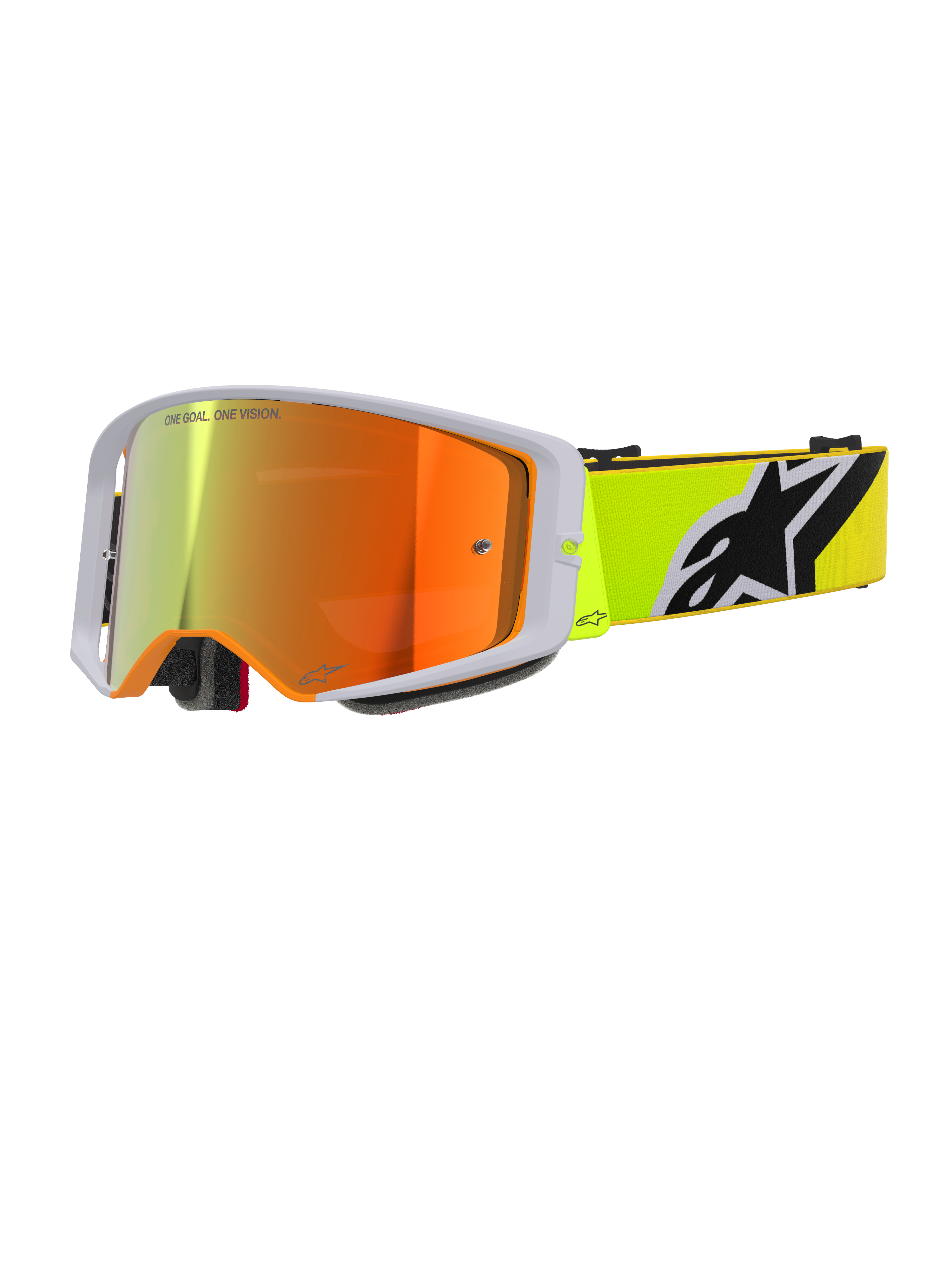 Alpinestars Supertech Corp Absolute Vision Brille, Motocross-Brille, Gelb Fluo und Grau, rot verspiegelte Linse mit 'One Goal. One Vision.' Schriftzug, fluoreszierend gelbes Band mit markantem schwarz-weißem Alpinestars-Logo, Hochleistungs-Offroad-Brille