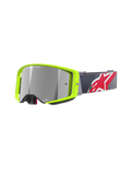 Alpinestars Supertech Corp Goggles Absolute Vision, Motocross-Brille, neongelber Rahmen mit silber verspiegelter Linse, graues Band mit großem rot-weißem Stern-Logo, 'ONE GOAL. ONE VISION.' Branding auf der Linse, strapazierfähiges Design für Offroad-Rennsport