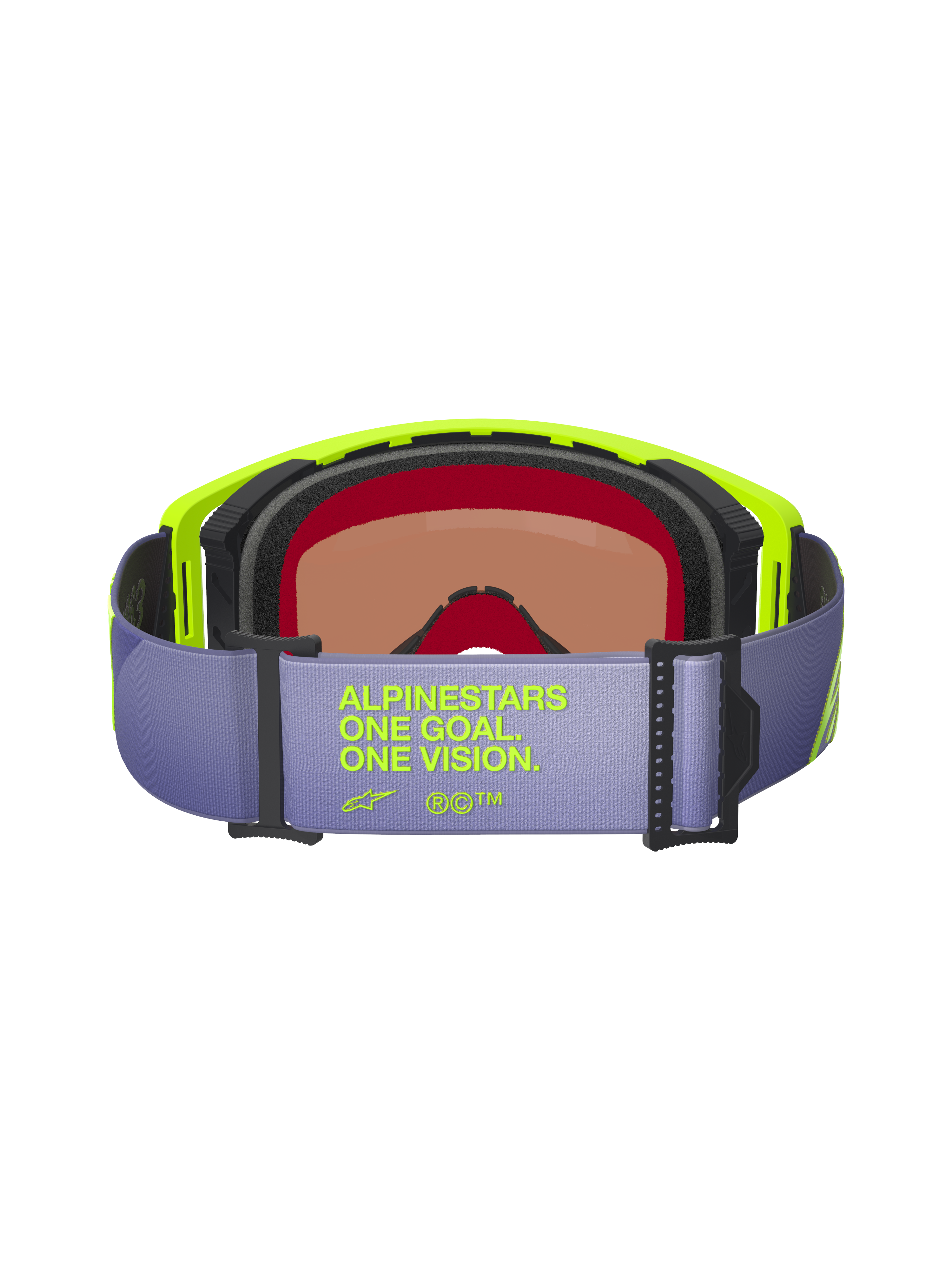 Alpinestars Supertech Vision Corp Goggles, back view, light purple strap featuring neon yellow 'ALPINESTARS ONE GOAL. ONE VISION.' text, neon yellow frame, multi-layer black face foam, and tinted lens for motocross and off-road racing