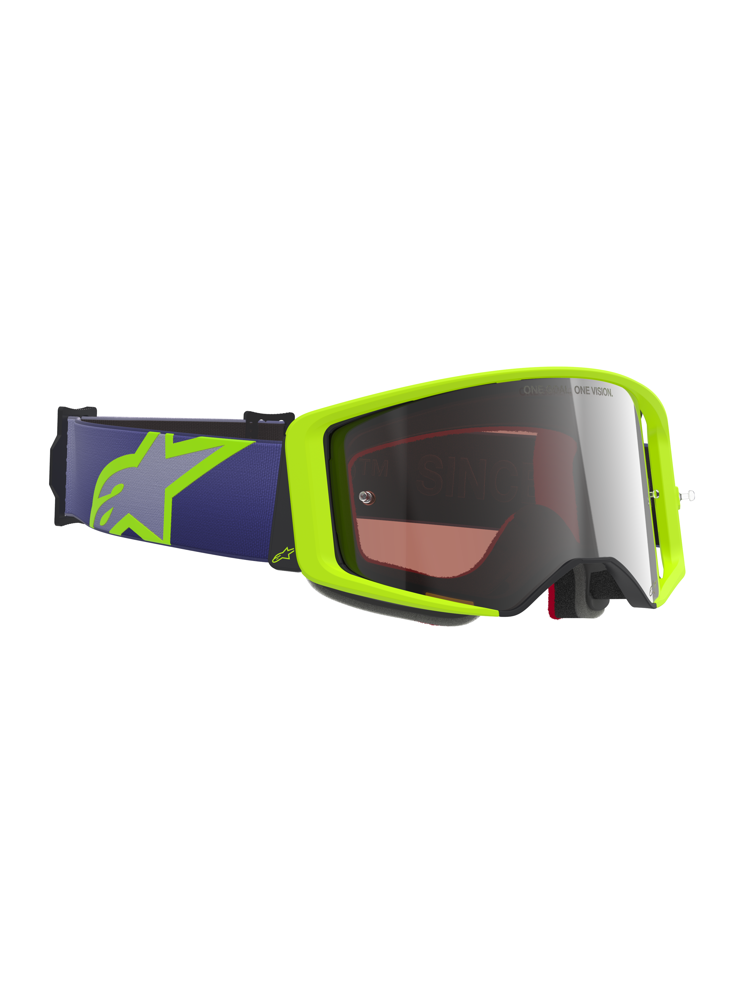 Alpinestars Supertech Vision Corp Goggles, Motocross Goggles, Fluorescent Yellow and Purple, Mirror Silver lens, purple elastic strap with lime yellow Astars logo, specialized eye protection for off-road and dirt bike racing