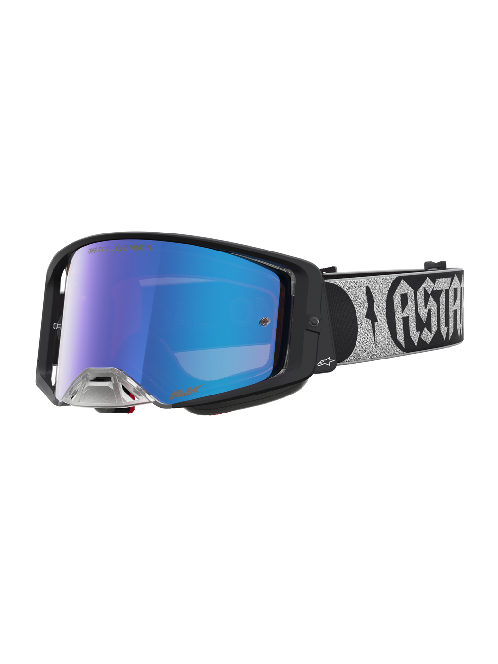 Alpinestars Supertech Atrox Motocross-Schutzbrille, Schwarz und blau verspiegelt, für professionellen Offroad-Rennsport.
