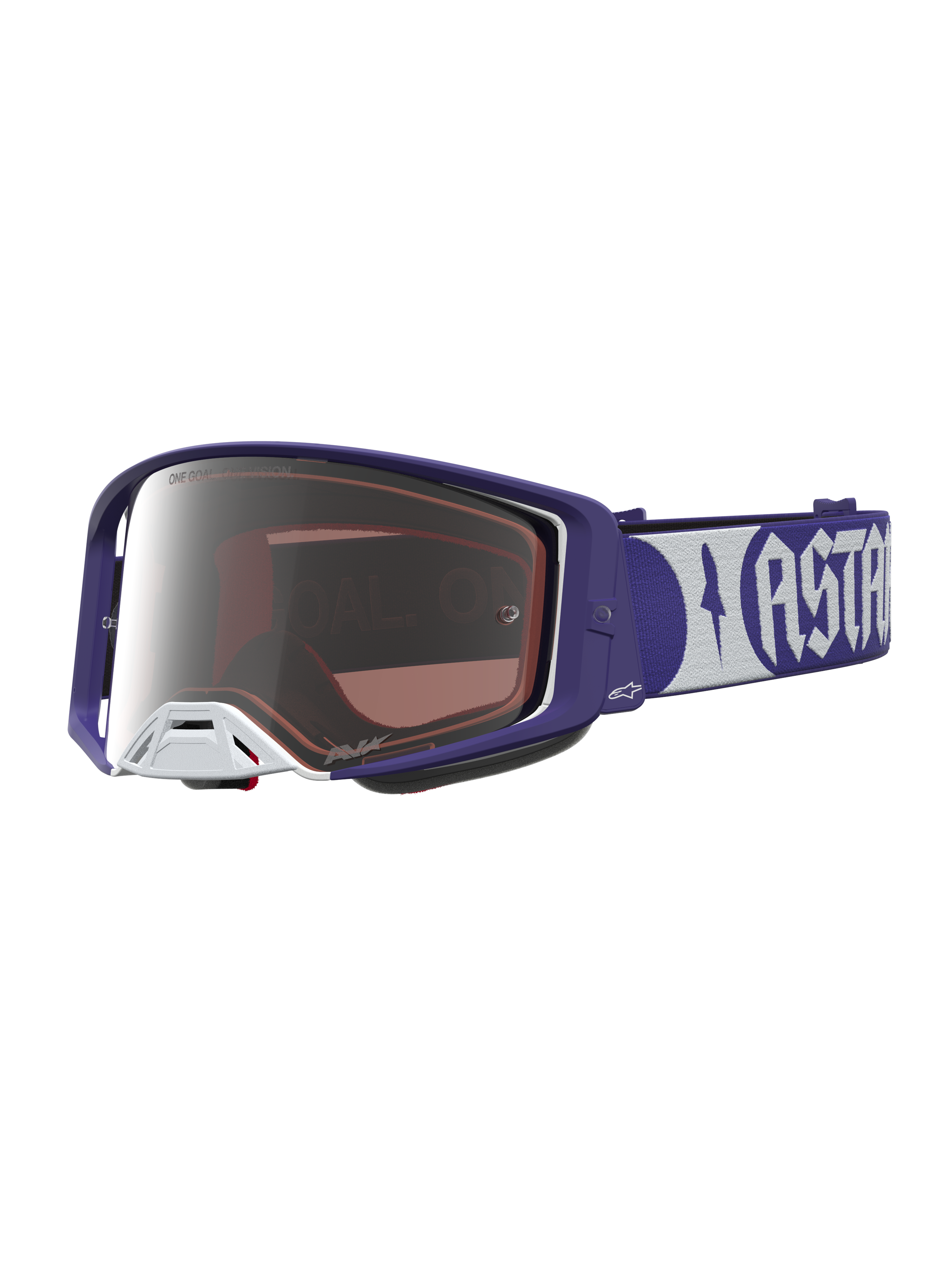 Alpinestars Supertech Atrox Schutzbrille, Motocross-Racing-Brille in Dunkelblau und Weiß mit silberner Spiegelscheibe.