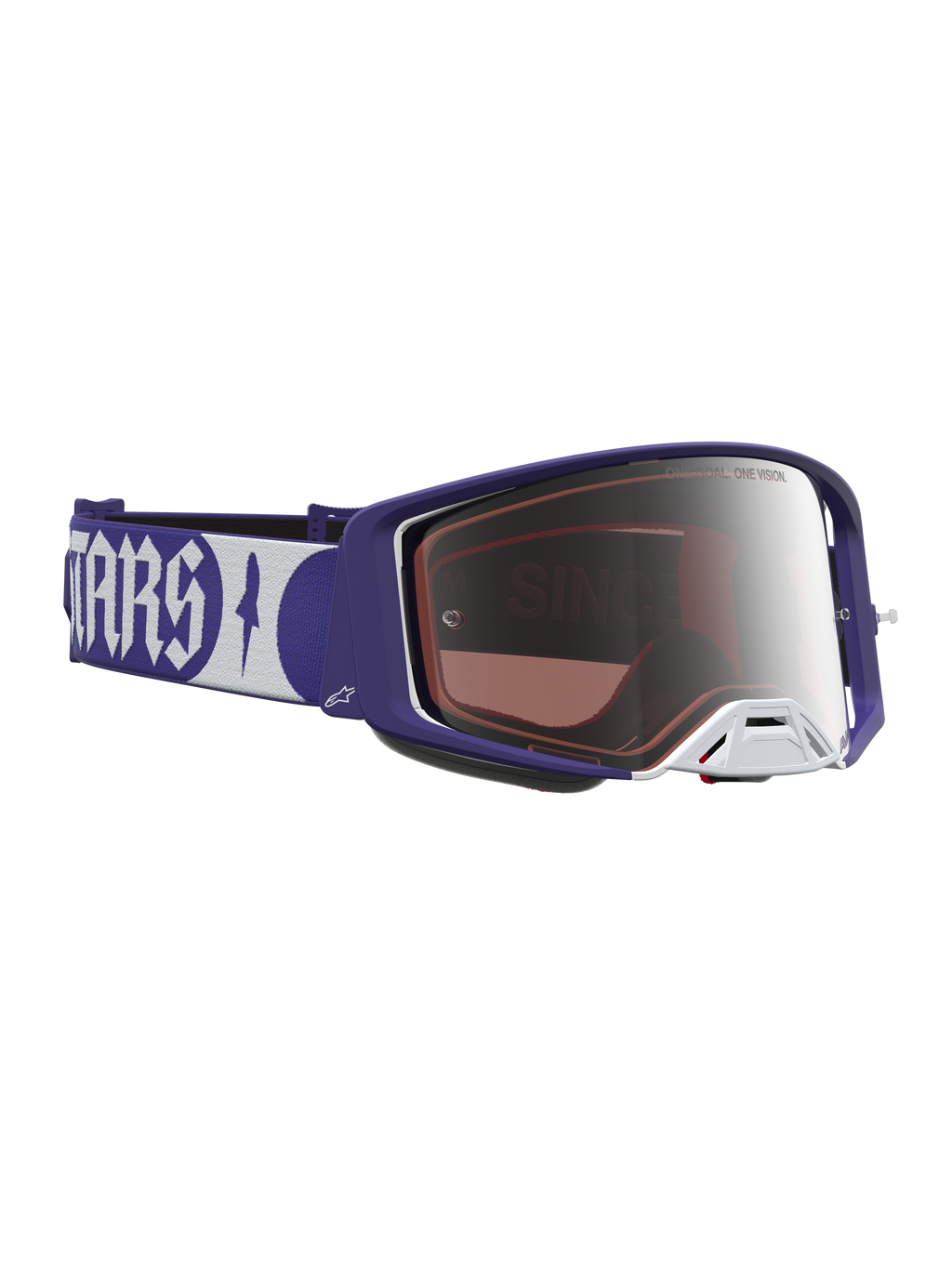 Alpinestars Supertech Atrox Schutzbrille für Motocross in Dunkelblau und Weiß mit silber verspiegelter Scheibe.
