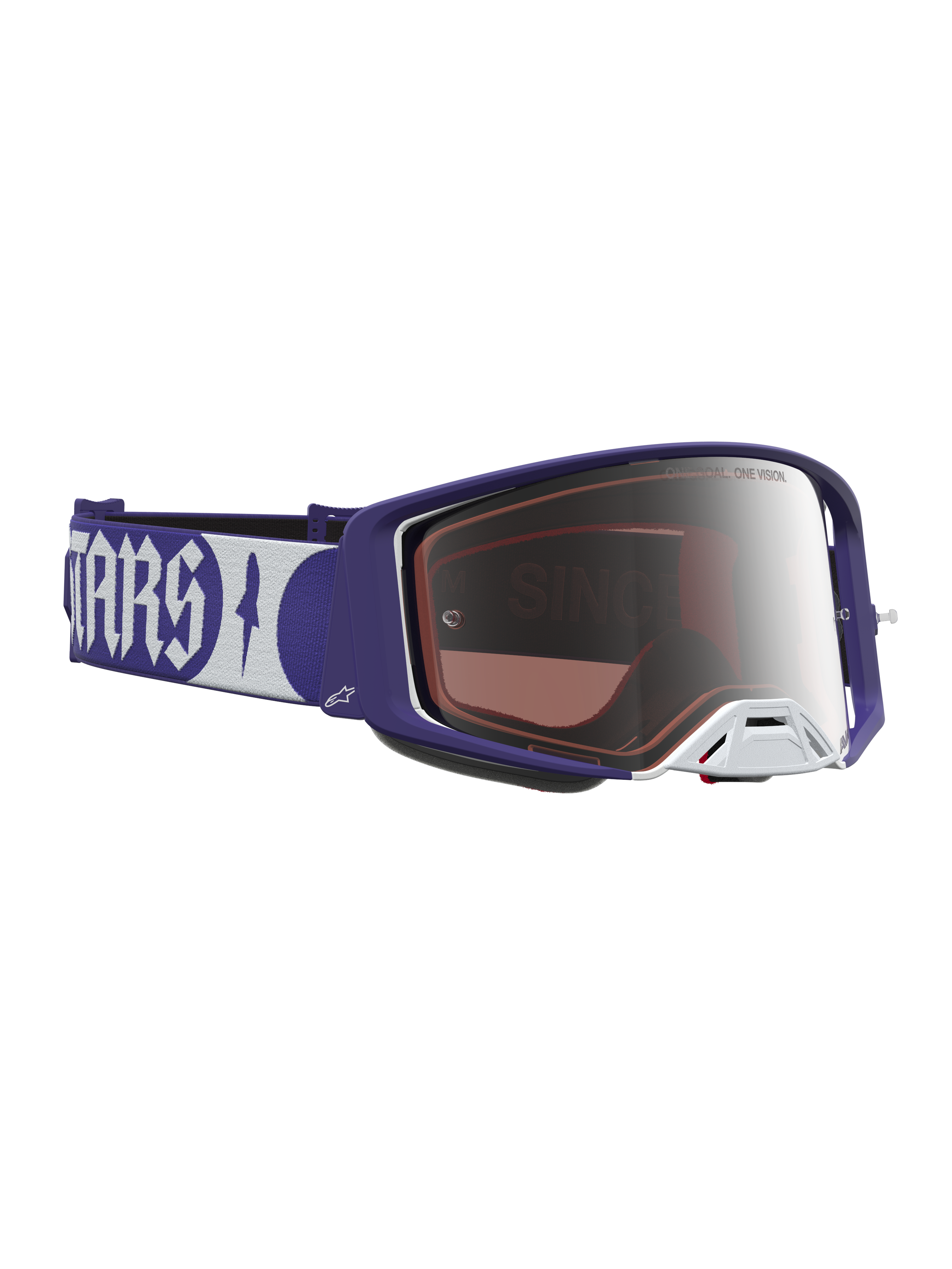 Alpinestars Supertech Atrox Schutzbrille für Motocross in Dunkelblau und Weiß mit silber verspiegelter Scheibe.