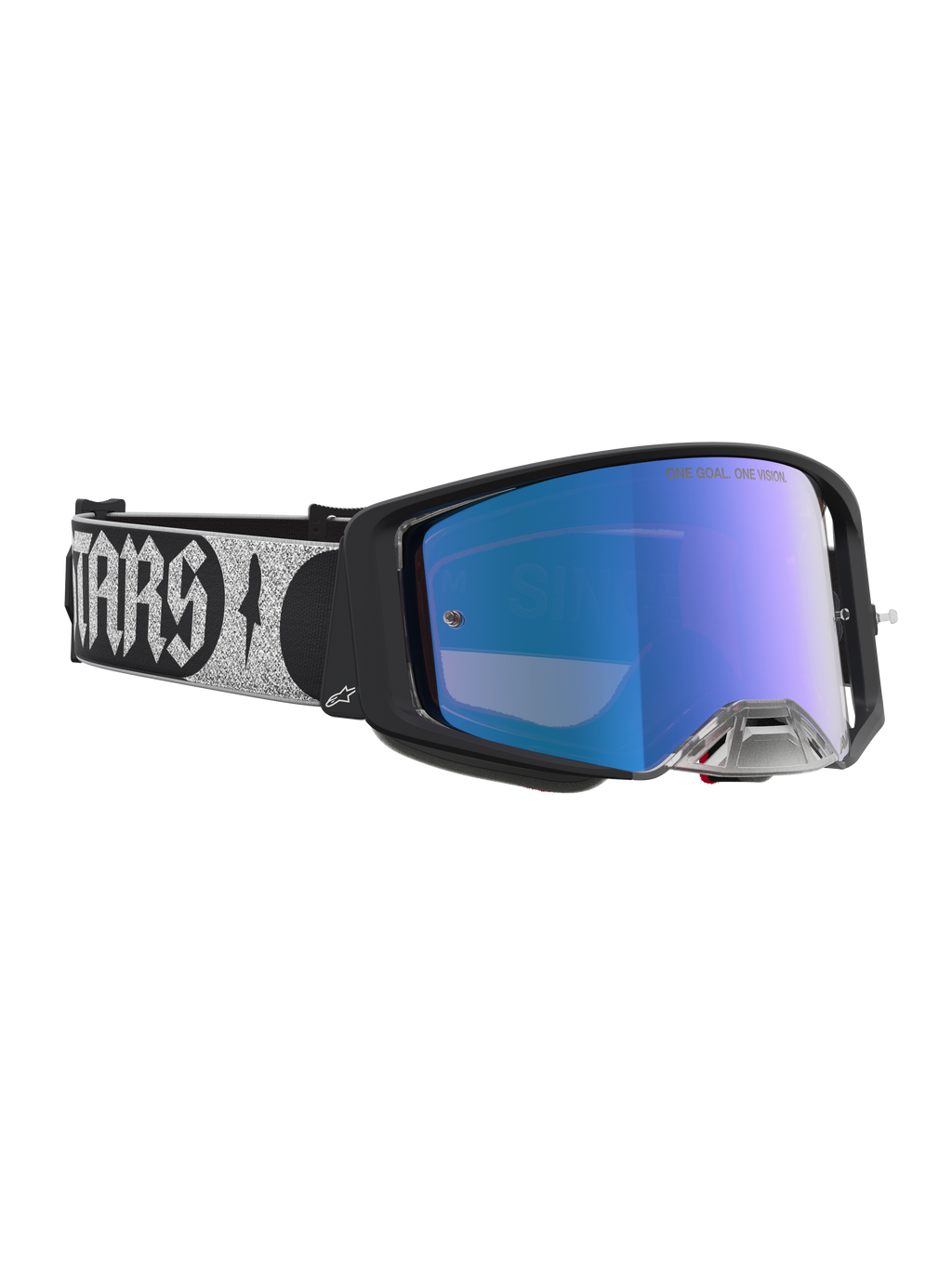 Alpinestars Supertech Atrox Motocross-Schutzbrille, Schwarz mit blau verspiegelter Linse und silbernem Logo-Band.