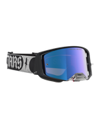 Alpinestars Supertech Atrox Motocross-Schutzbrille, Schwarz mit blau verspiegelter Linse und silbernem Logo-Band.