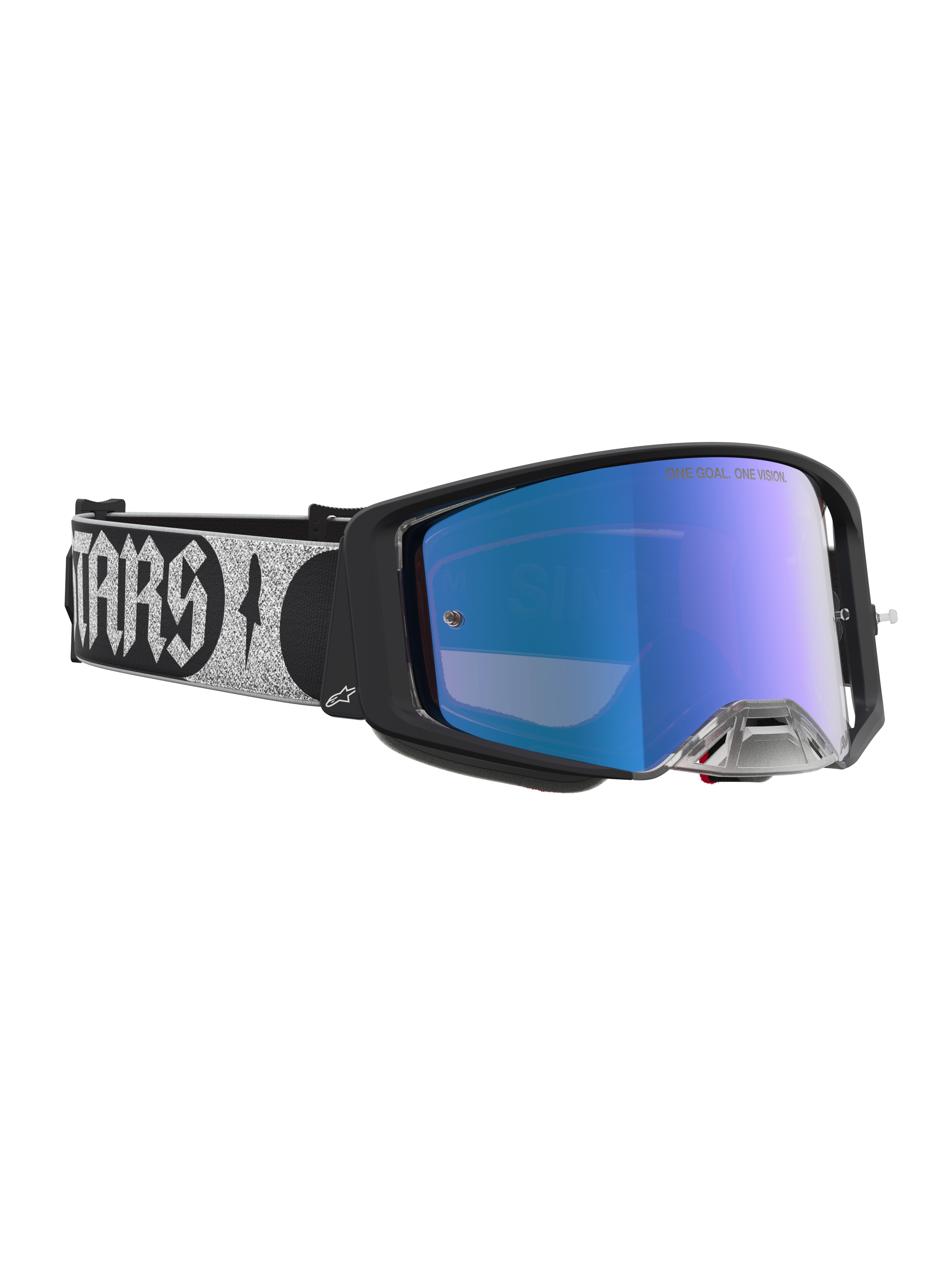 Alpinestars Supertech Atrox Motocross-Schutzbrille, Schwarz mit blau verspiegelter Linse und silbernem Logo-Band.
