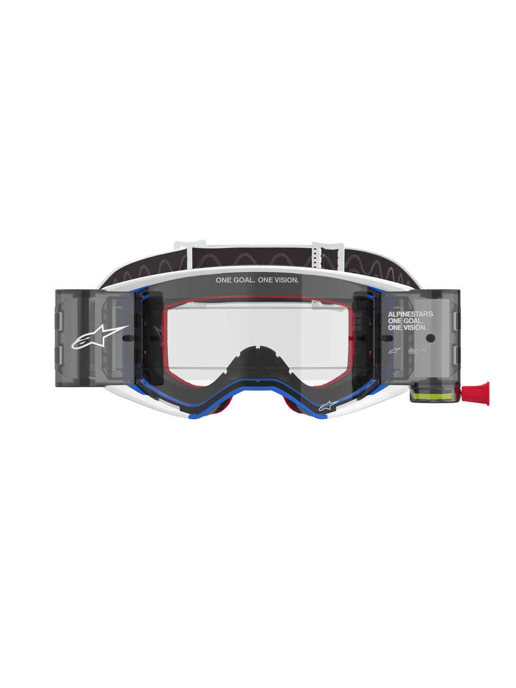 Alpinestars Supertech Corp Goggles Roll Off, Motocross Goggles, Blue and White frame with Orange accents, integrated wide-view roll-off system with clear lens, professional off-road eye protection featuring Alpinestars branding and "One Goal. One Vision." text