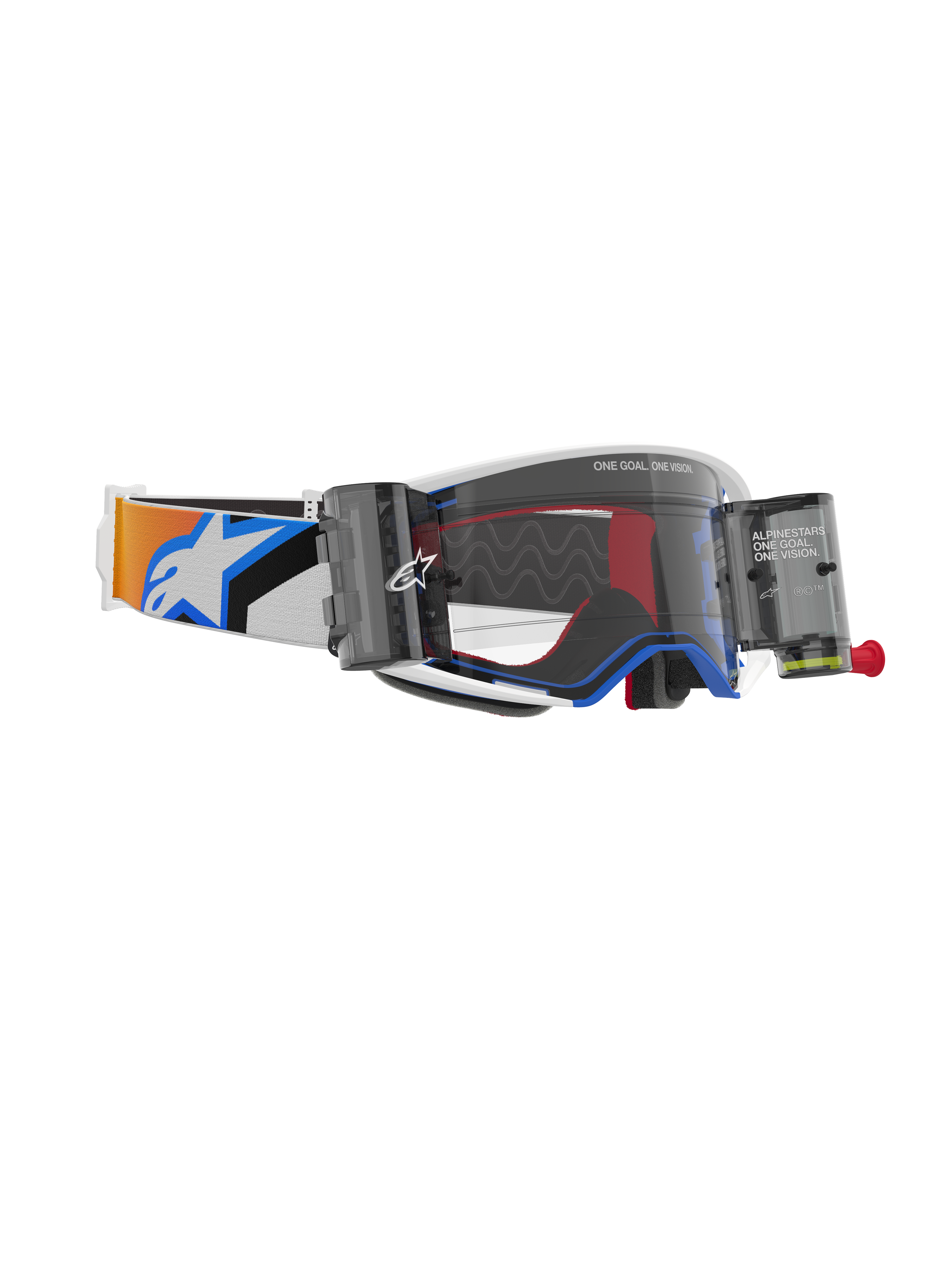 Alpinestars Supertech Corp Goggles Roll Off, Blue and Orange colorway, clear injection-molded lens with Wide Vision Roll-Off system, wavy silicone glide lines, adjustable elastic strap with bold Alpinestars logo, high-performance motocross eyewear