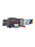 Alpinestars Supertech Corp Goggles Roll Off, Motocross Goggles, Blue and Orange design, White frame with clear lens and roll-off system, features wide vision canisters and a blue Astars logo on the strap.