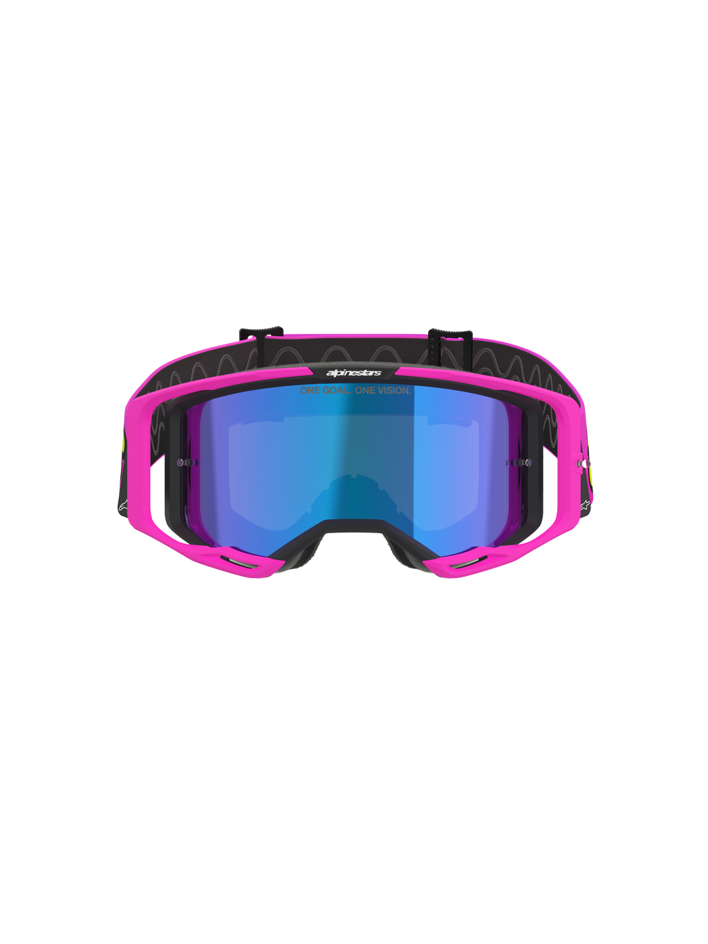 Alpinestars Vision 8 Vista Brille, Motocross-Brille, Pink Fluo und Gelb Fluo mit blau verspiegelter Scheibe, leuchtend pinker Rahmen, schwarzes Brillenband mit „ONE GOAL. ONE VISION.“-Branding, professionelle Offroad-Rennbrille