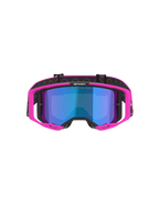 Alpinestars Vision 8 Vista Brille, Motocross-Brille, Pink Fluo und Gelb Fluo mit blau verspiegelter Scheibe, leuchtend pinker Rahmen, schwarzes Brillenband mit „ONE GOAL. ONE VISION.“-Branding, professionelle Offroad-Rennbrille