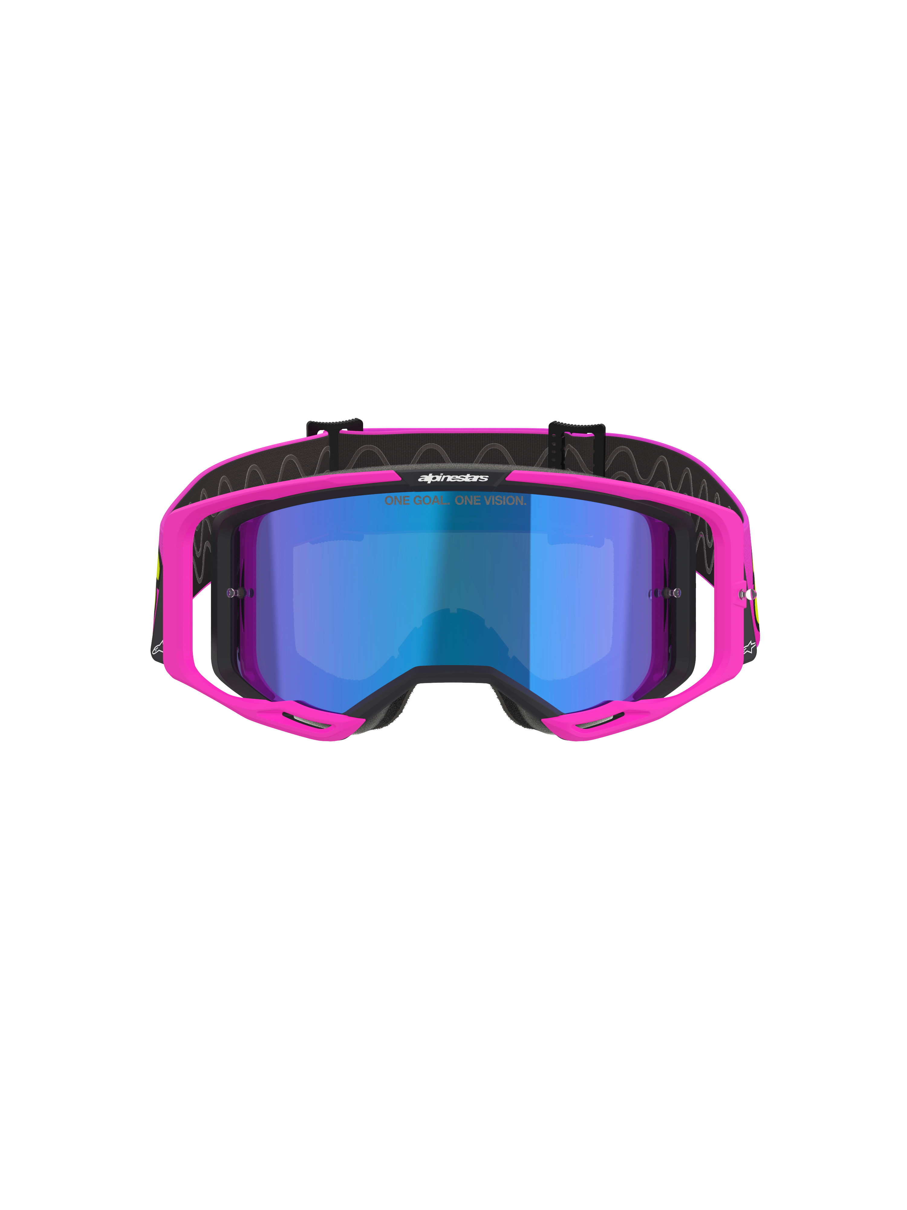 Alpinestars Vision 8 Vista Brille, Motocross-Brille, Pink Fluo und Gelb Fluo mit blau verspiegelter Scheibe, leuchtend pinker Rahmen, schwarzes Brillenband mit „ONE GOAL. ONE VISION.“-Branding, professionelle Offroad-Rennbrille