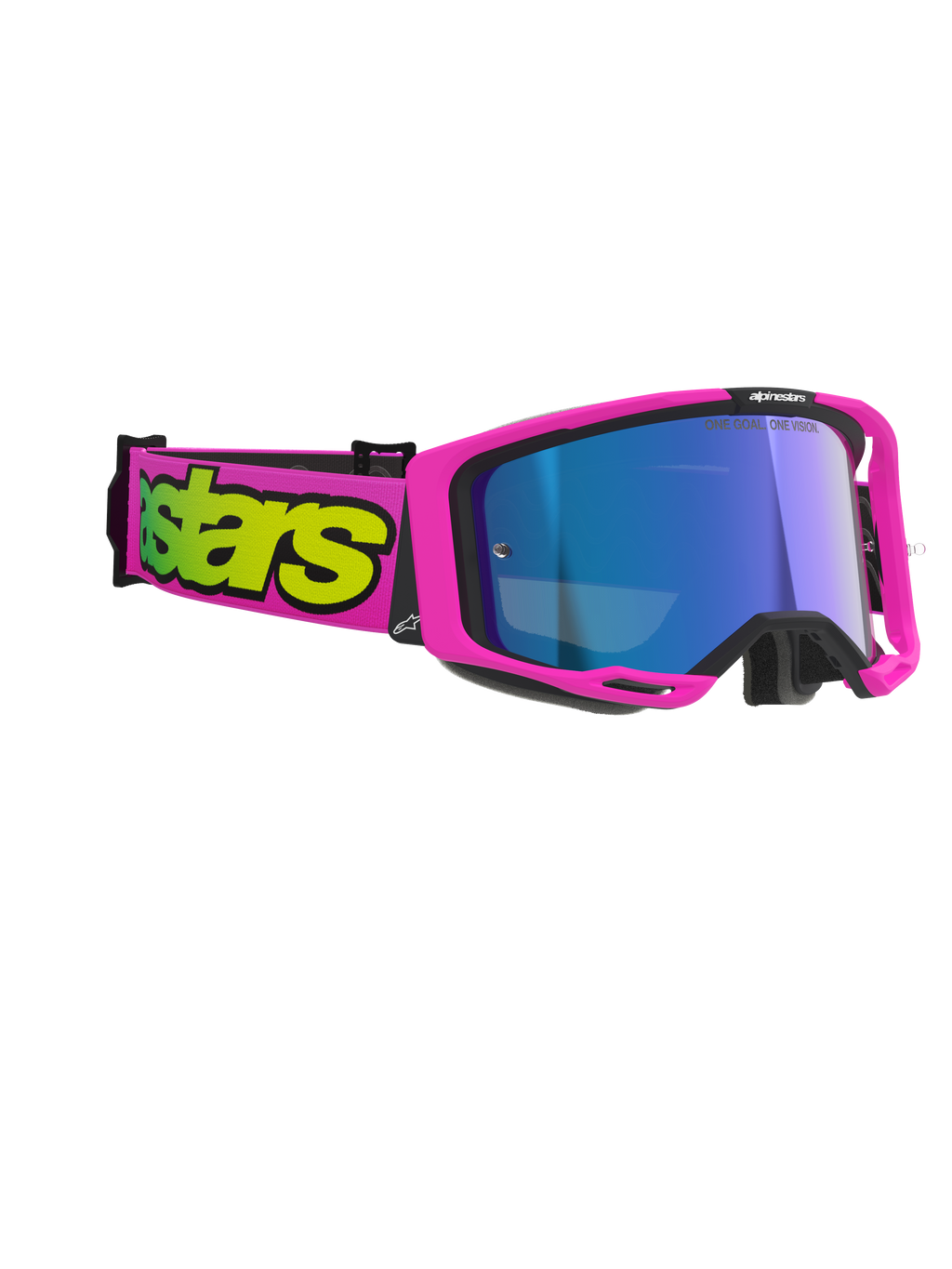 Alpinestars Vision 8 Vista Goggles, Motocross-Brille, Pink Fluo und Gelb Fluo mit blau verspiegelter Sichtscheibe, leuchtend pinker Rahmen und Brillenband mit markantem gelbem Branding, professioneller Offroad-Augenschutz