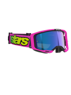 Alpinestars Vision 8 Vista Goggles, Motocross-Brille, Pink Fluo und Gelb Fluo mit blau verspiegelter Sichtscheibe, leuchtend pinker Rahmen und Brillenband mit markantem gelbem Branding, professioneller Offroad-Augenschutz