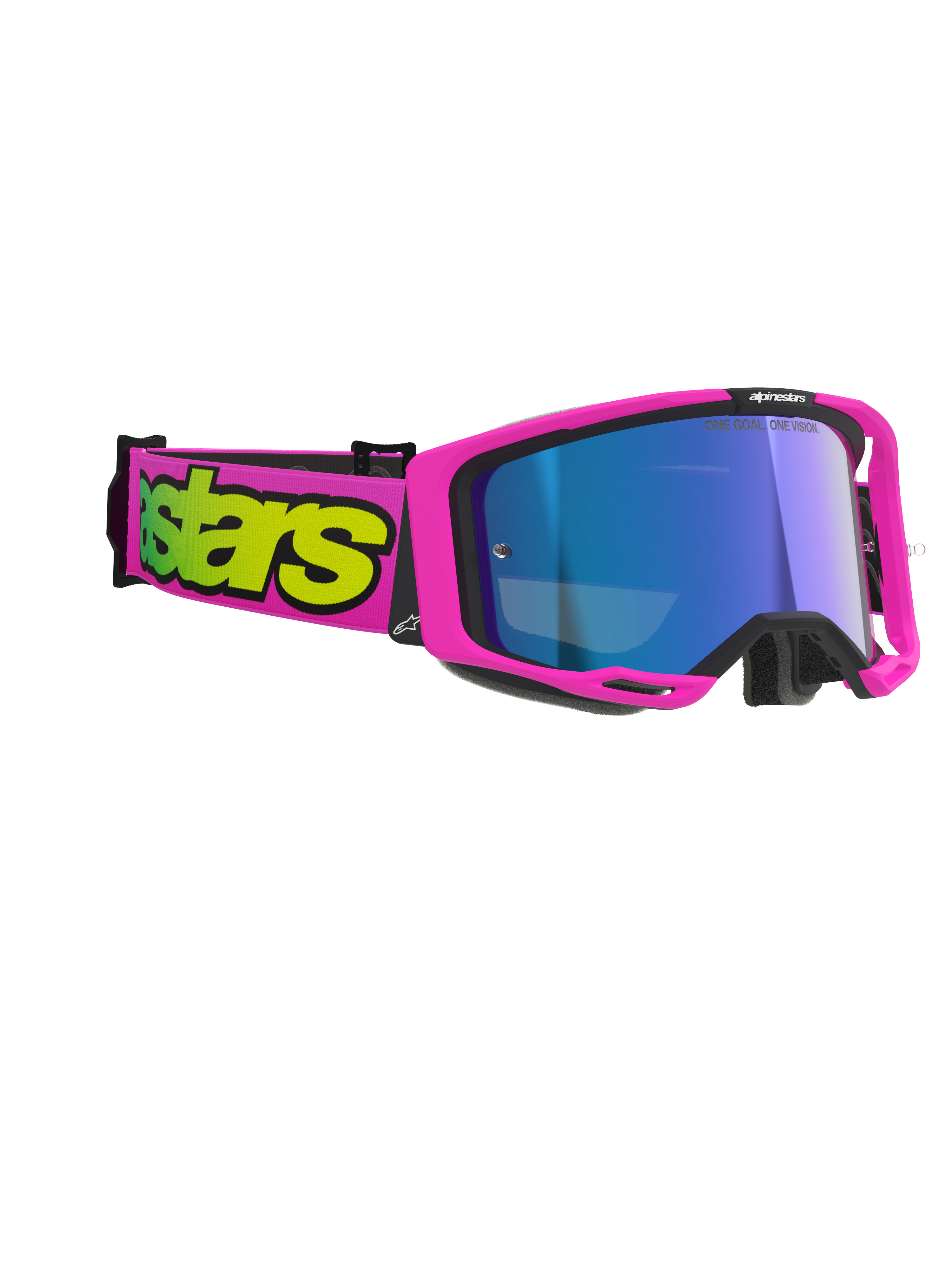 Alpinestars Vision 8 Vista Goggles, Motocross-Brille, Pink Fluo und Gelb Fluo mit blau verspiegelter Sichtscheibe, leuchtend pinker Rahmen und Brillenband mit markantem gelbem Branding, professioneller Offroad-Augenschutz