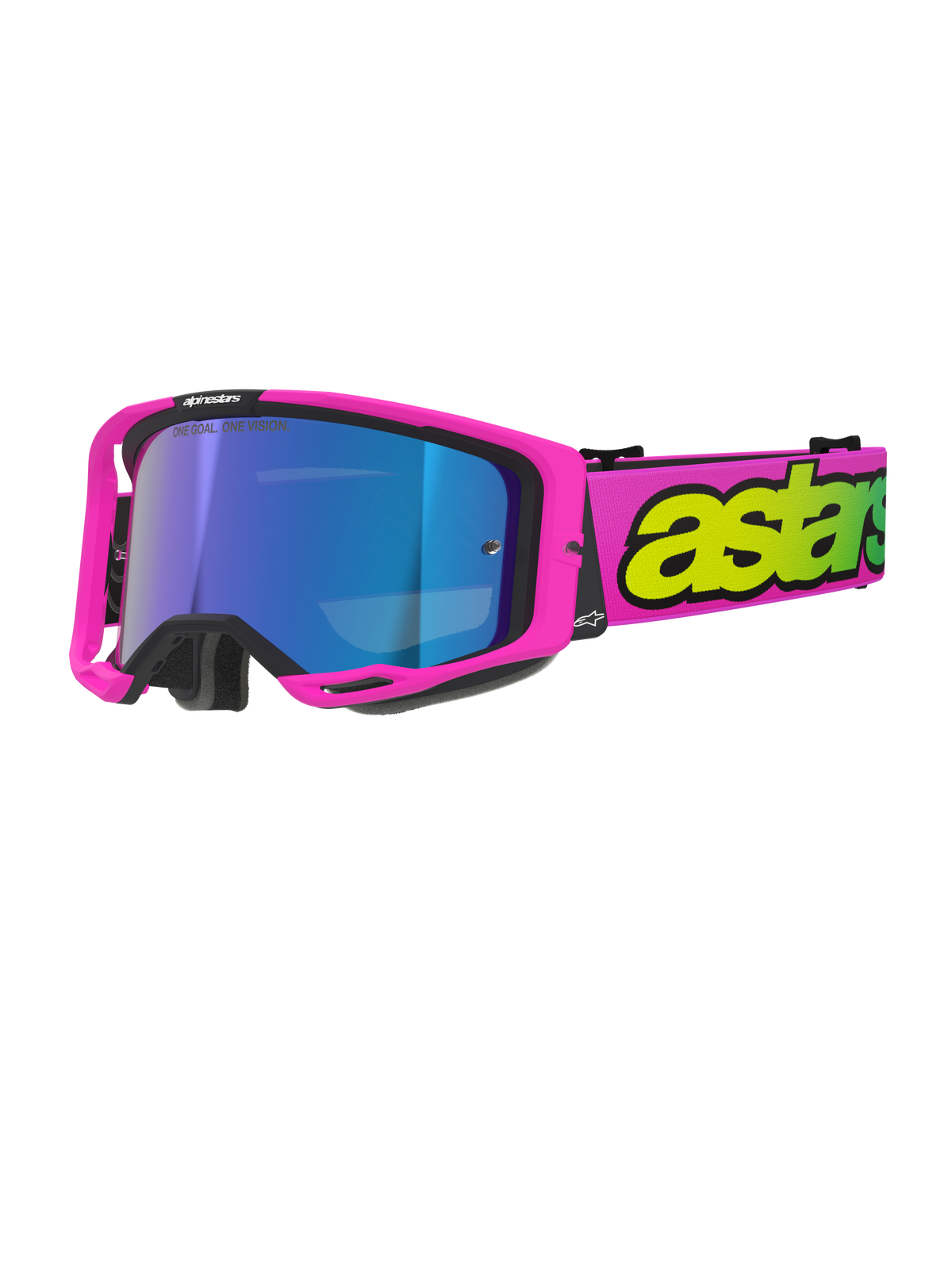 Alpinestars Vision 8 Vista Goggles, Motocross Goggles, Pink Fluo and Yellow Fluo with Mirror Blue lens, bright pink frame, wide pink strap with bold fluo yellow branding, high-performance off-road eyewear