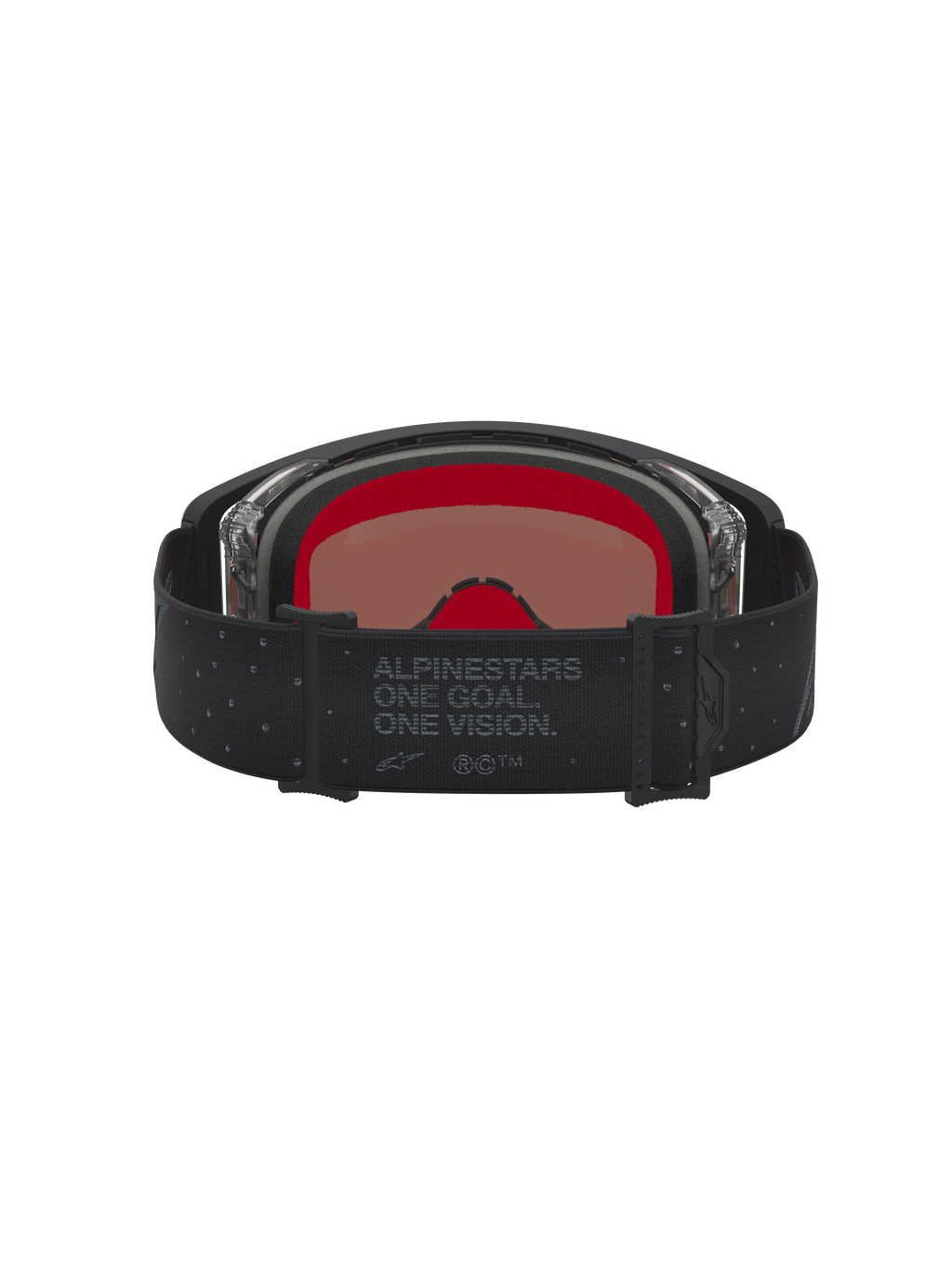 Alpinestars Supertech Cloak Motocross-Schutzbrille in Schwarz und Silber, mit rotem Innenschaum und Gurt mit Logo.
