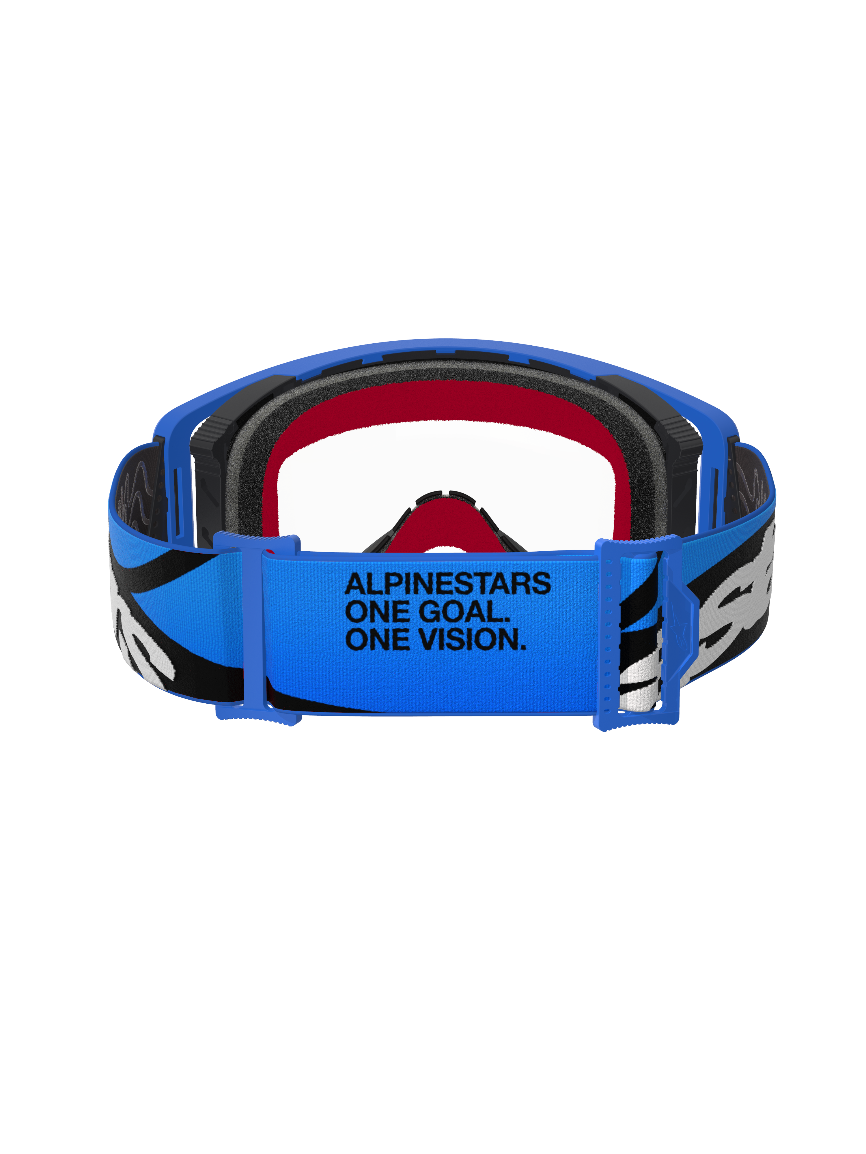 Alpinestars Supertech Stream Goggles, Motocross-Brille, Blau und Transparent, Rückansicht des blauen Brillenbands mit „ALPINESTARS ONE GOAL. ONE VISION.“ Text, schwarz-weißen Grafiken und rot-schwarzer Schaumstoffpolsterung