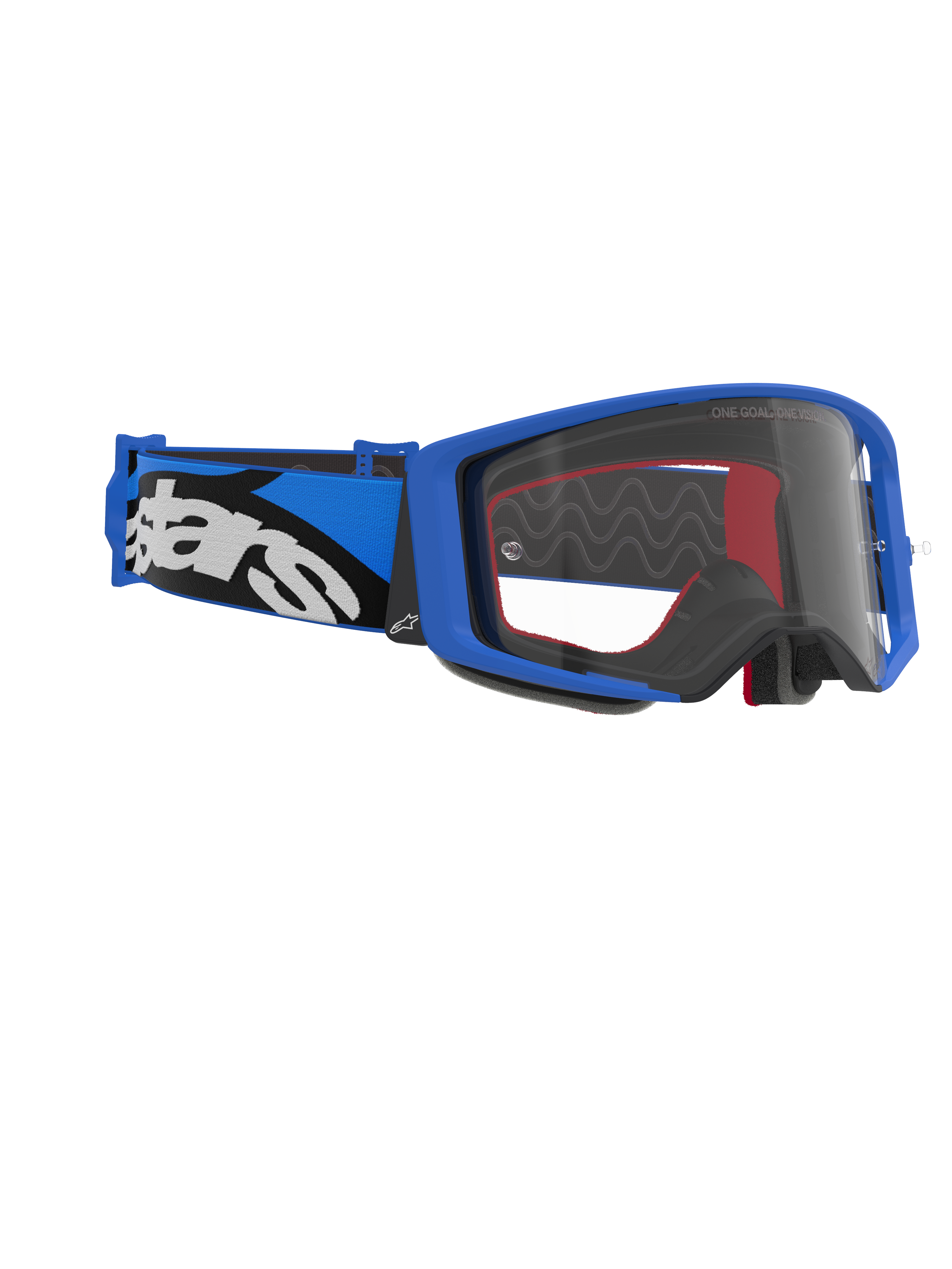 Alpinestars Supertech Stream Goggles, Motocross-Brille, blauer Rahmen und klare Sichtscheibe, blau-schwarzes Band mit weißem Alpinestars-Logo, Hochleistungs-Augenschutz für den Rennsport