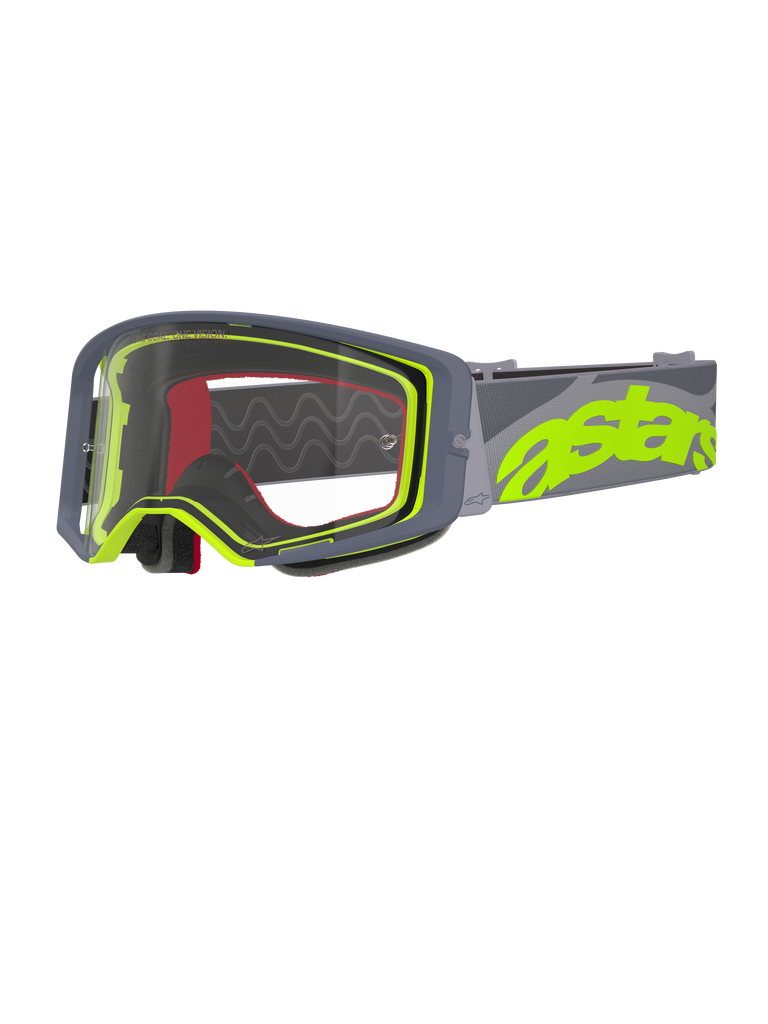 Alpinestars Supertech Stream Goggles, Motocross Goggles, Gray and Yellow Fluo, clear lens with gray frame, red interior foam, wide gray strap with bold neon yellow astars branding, professional off-road racing eyewear.