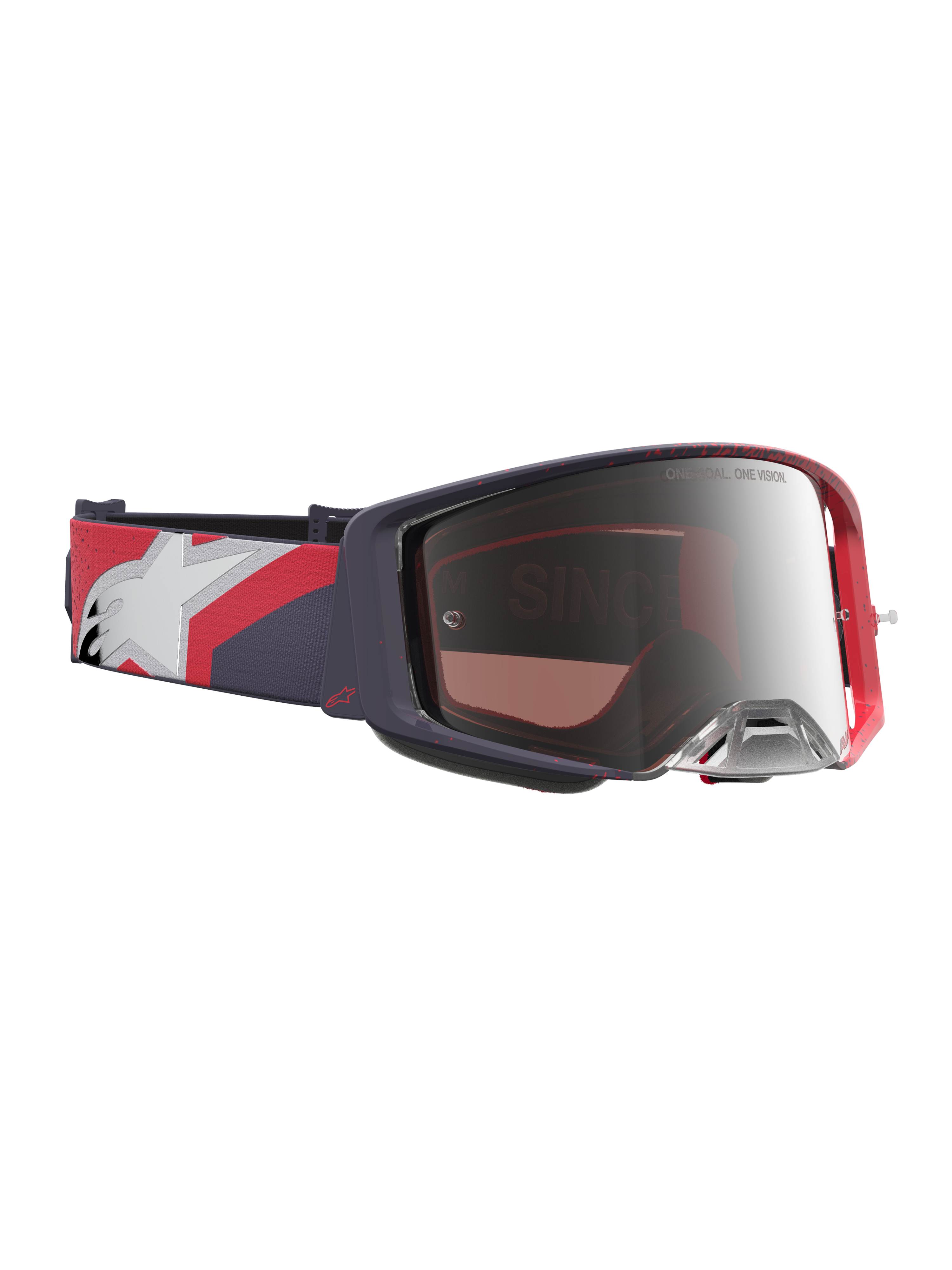 Alpinestars Supertech Hiten Motocross-Schutzbrille, Rahmen in Schwarz und Rot, Silber verspiegeltes Glas und Grafikband.