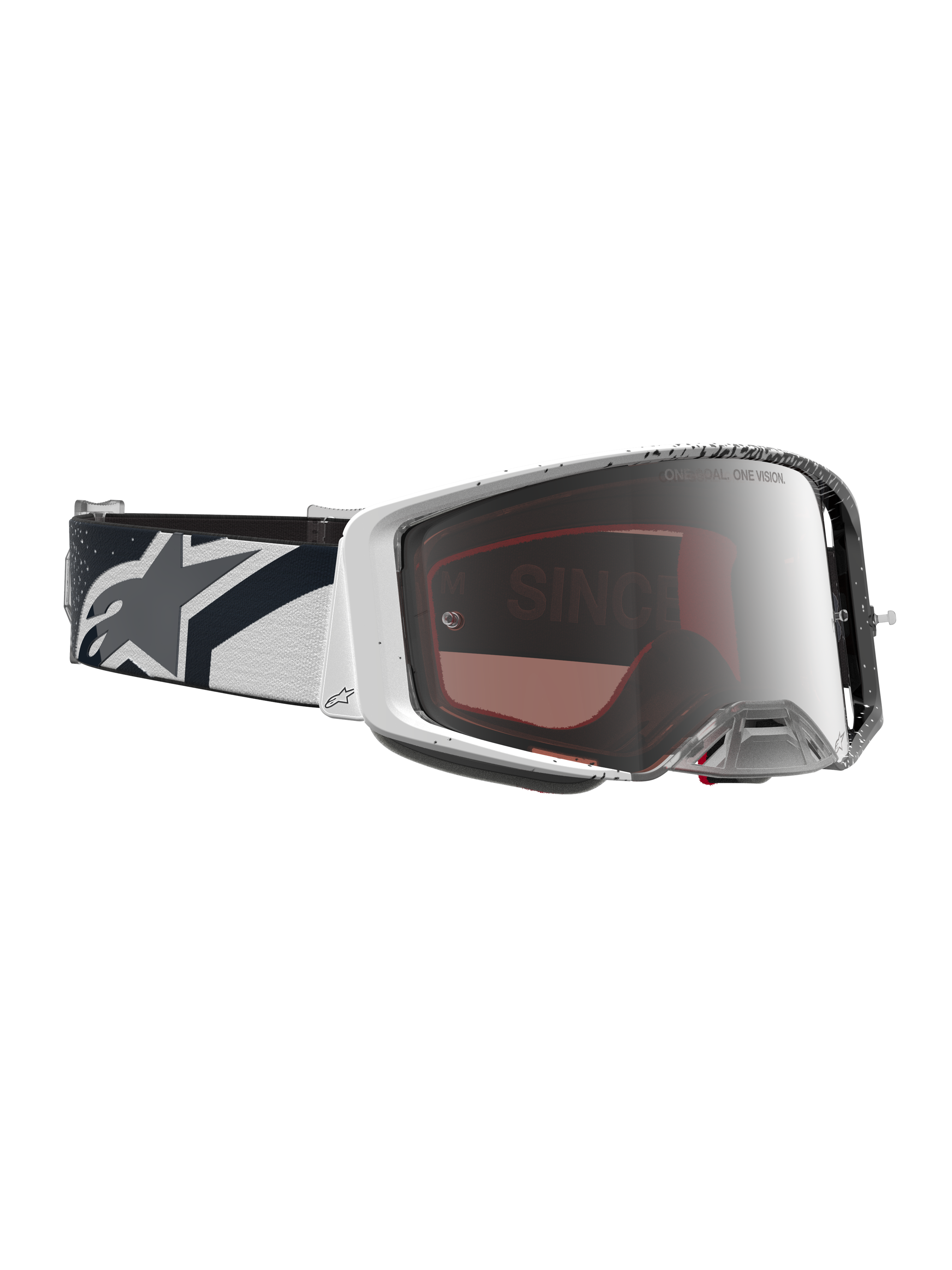 Alpinestars Supertech Hiten Schutzbrille, Motocross-Schutzbrille, Weiß und Schwarz, Mirror-Silber-Glas, elastischer Riemen mit Stern-Logo, professionelle Offroad-Ausrüstung.