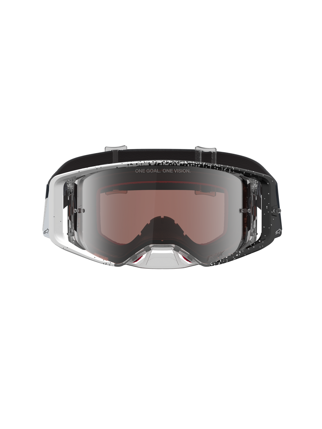 Alpinestars Supertech Hiten Motocross-Schutzbrille mit weiß-schwarz gesprenkeltem Rahmen und verspiegelter Silber-Linse.