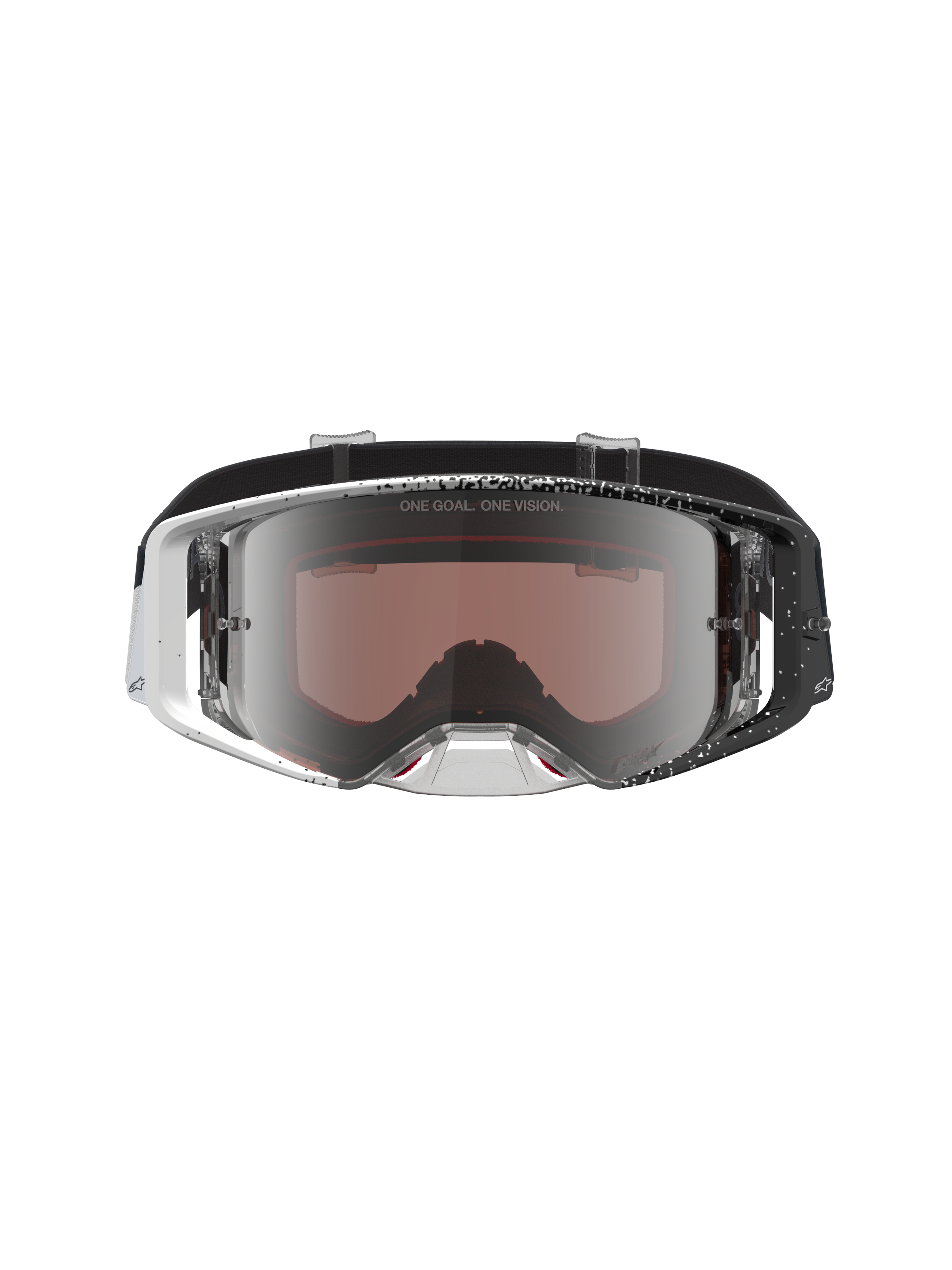 Alpinestars Supertech Hiten Motocross-Schutzbrille mit weiß-schwarz gesprenkeltem Rahmen und verspiegelter Silber-Linse.