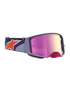 Alpinestars Supertech Hiten Schutzbrille, Motocross-Schutzbrille, Lila und Pink, rot-pink verspiegelte Scheibe, orangefarbenes Stern-Logo auf dem Band.
