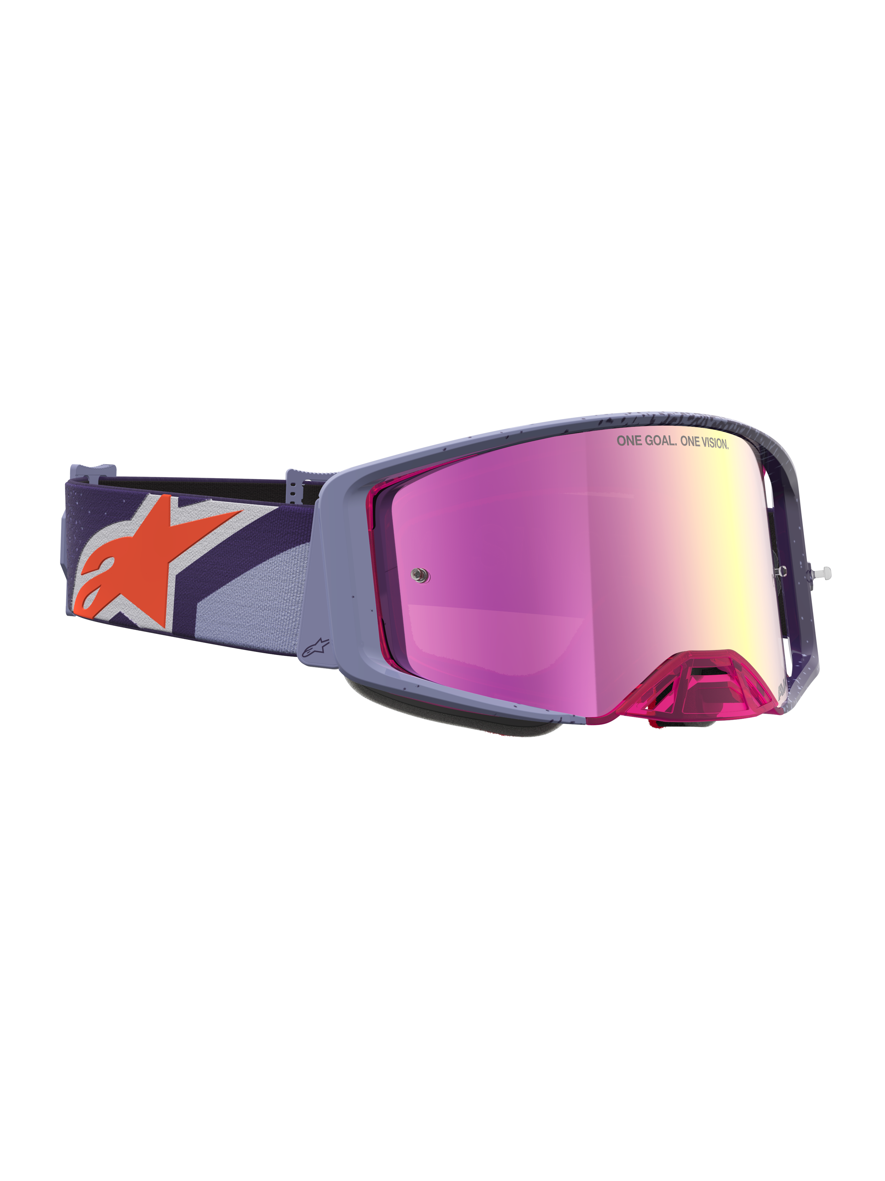 Alpinestars Supertech Hiten Schutzbrille, Motocross-Schutzbrille, Lila und Pink, rot-pink verspiegelte Scheibe, orangefarbenes Stern-Logo auf dem Band.
