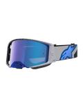 Alpinestars Supertech Schutzbrille Hiten, Motocross-Schutzbrille in Hellgrau und Blau mit blau verspiegelter Scheibe.