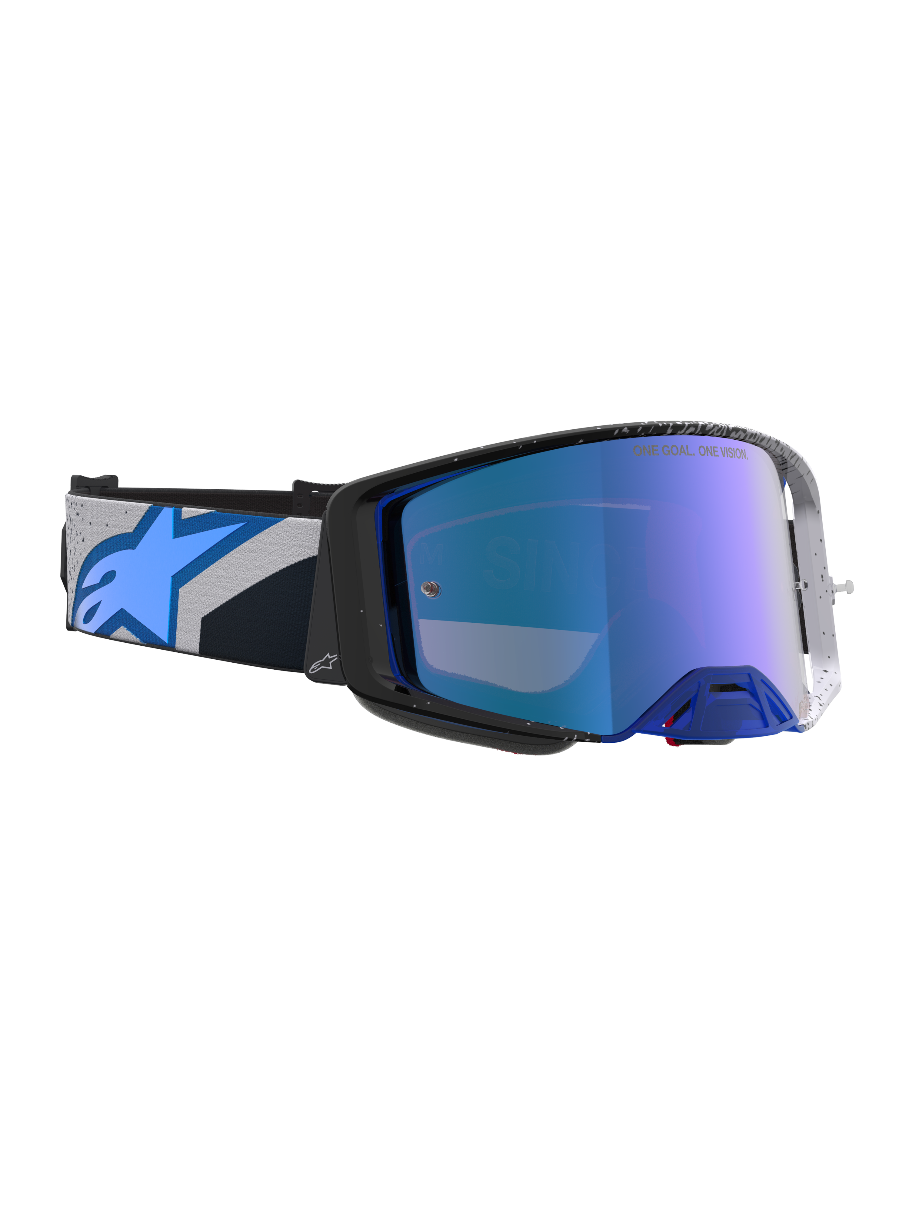 Alpinestars Supertech Schutzbrille Hiten, Motocross-Schutzbrille in Schwarz und Blau, verspiegelte blaue Linse mit hoher Klarheit, verstellbares Band mit Alpinestars-Logo, Offroad-Ausrüstung