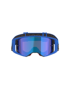 Alpinestars Supertech Stream Goggles, Motocross Goggles, Blue Mirror lens with Blue frame, front-facing view, black strap with white logo, featuring 'ONE GOAL... ONE VISION.' text on the lens, high-performance off-road racing eyewear