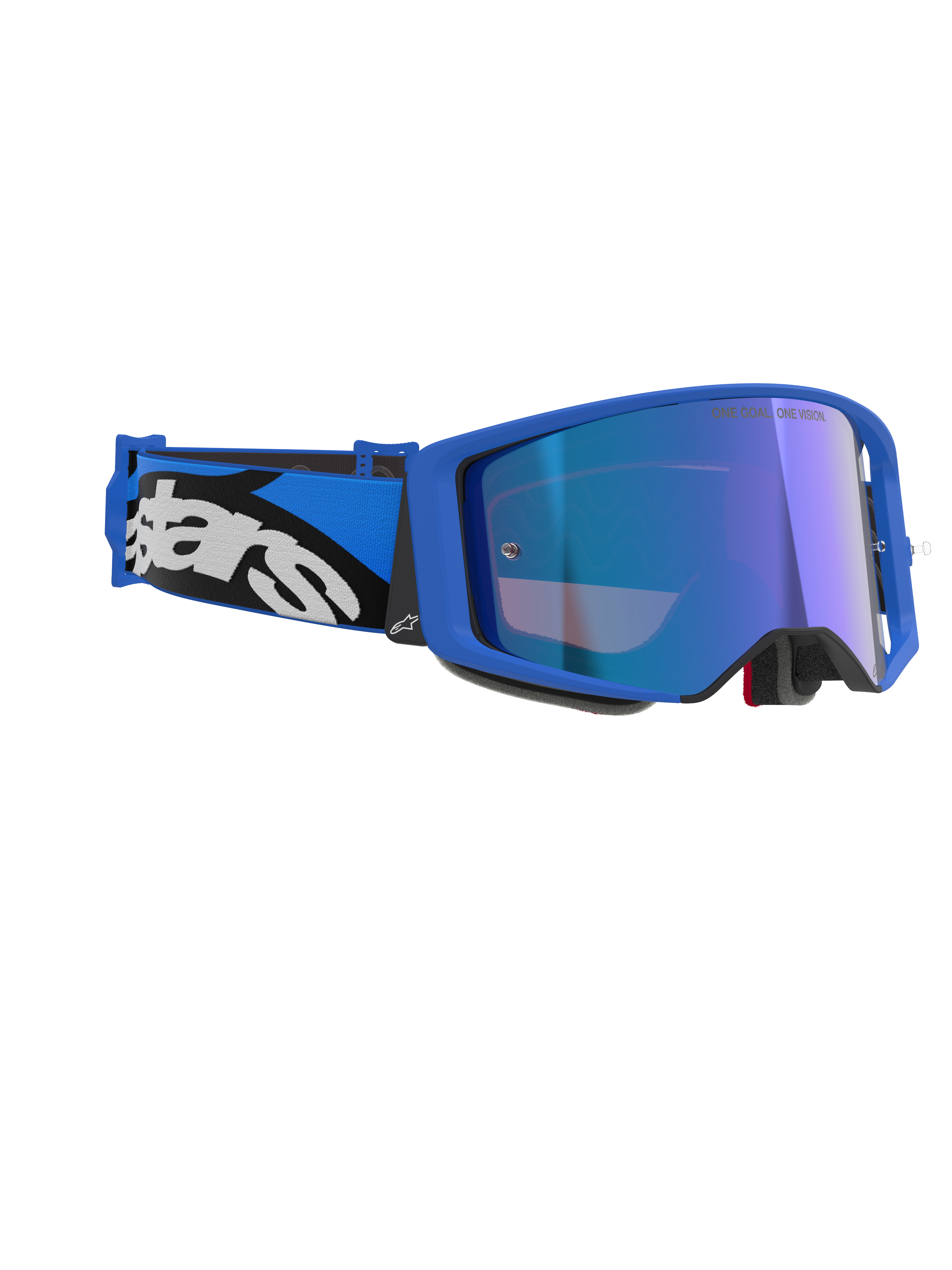 Alpinestars Supertech Stream Goggles, Blue Mirror Blue, motocross goggles featuring a blue frame and mirrored blue lens, blue and black adjustable strap with bold white Alpinestars logo, professional off-road racing eyewear.