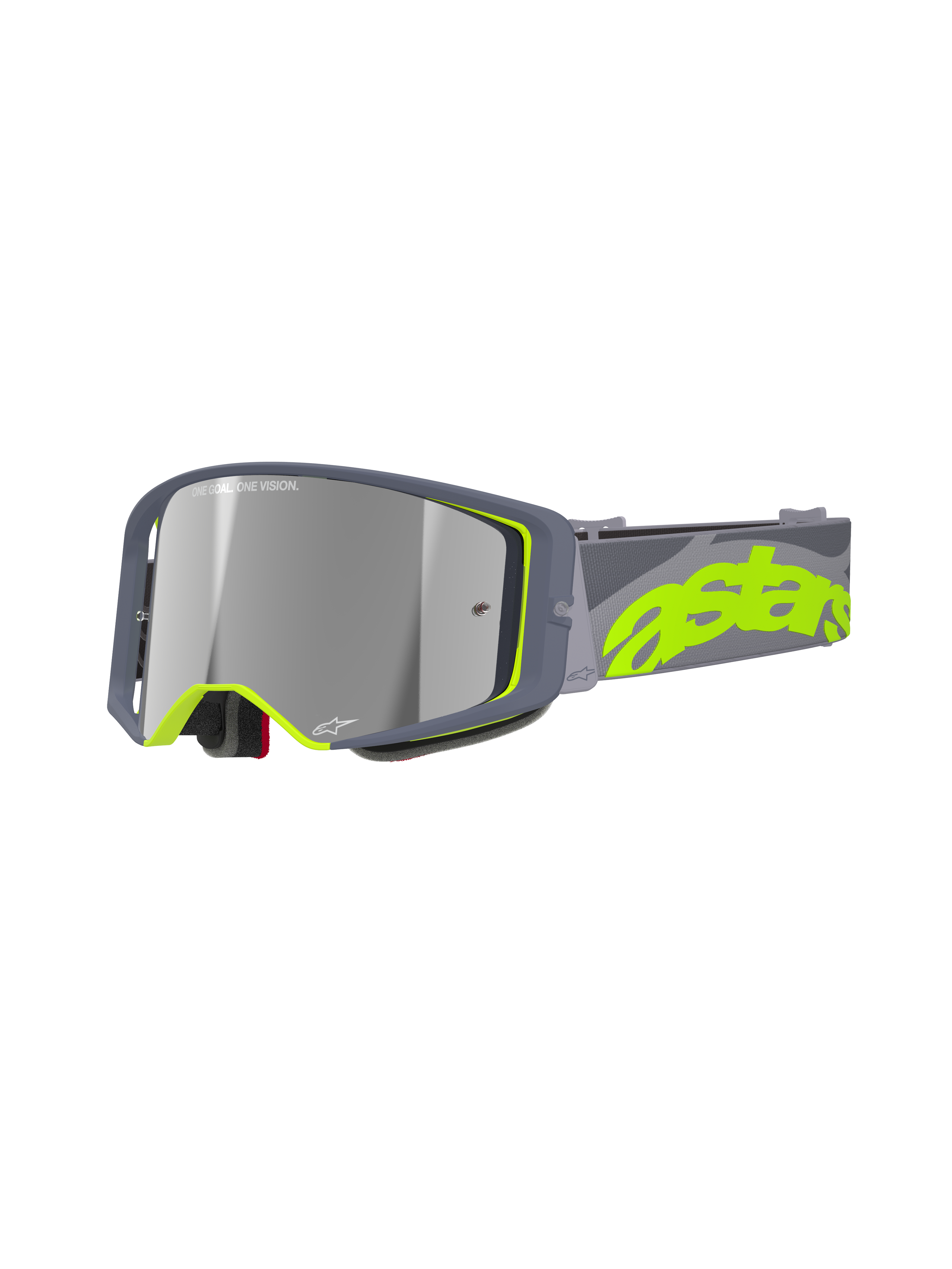 Alpinestars Supertech Stream Goggles, Motocross-Schutzbrille, Grau und Neongelb, verspiegelte silberne Linse, breiter eckiger Rahmen mit Schaumstoffpolsterung, verstellbares Band mit auffälligem Neon-Branding.