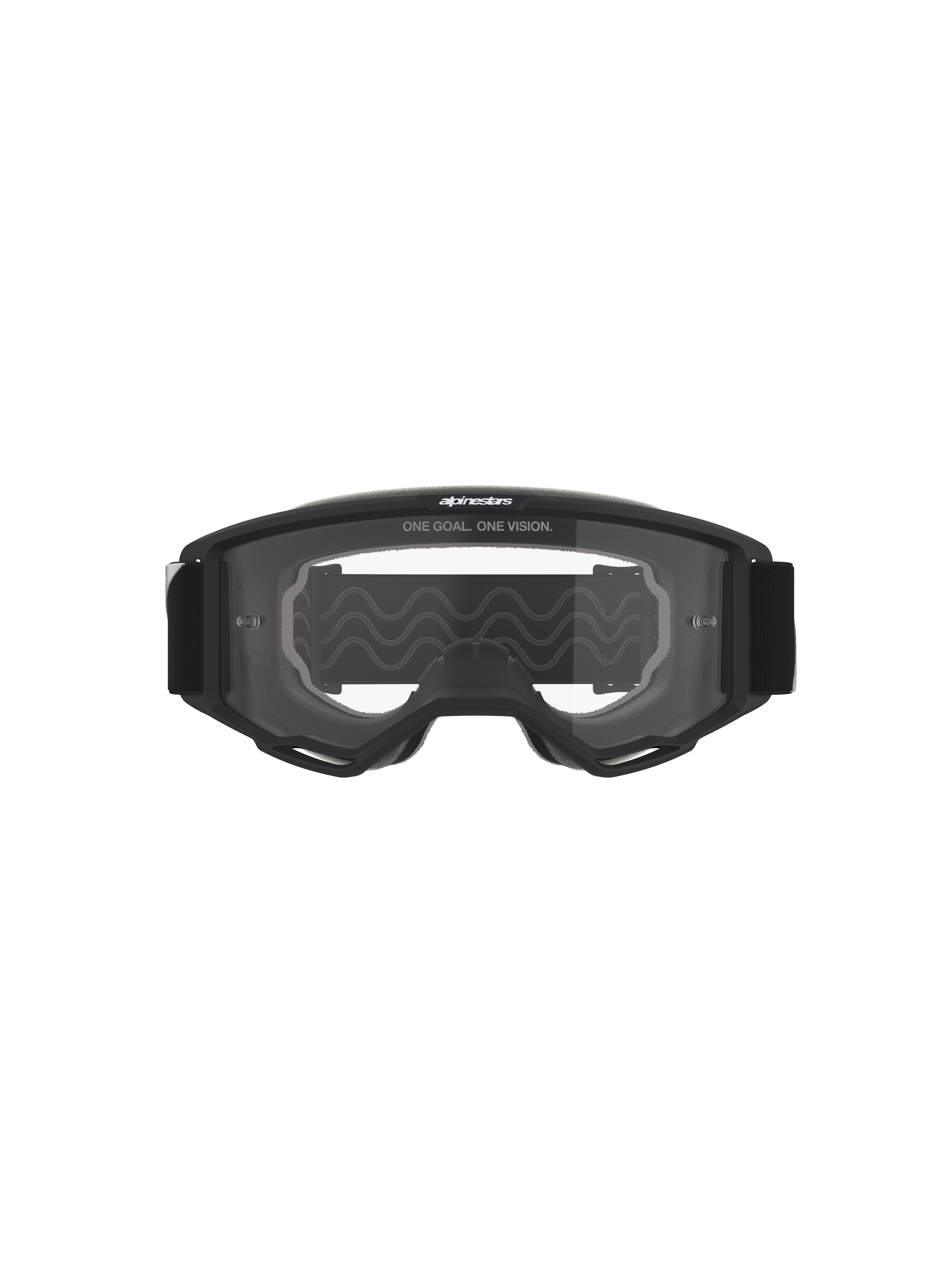 Alpinestars Vision OTG Brille, Motocross-Brille, schwarzer Rahmen mit klarer Sichtscheibe, Vorderansicht mit „ONE GOAL. ONE VISION.“ Schriftzug und Markenlogo, Deep-Volume-Struktur für Kompatibilität mit Korrekturbrillen