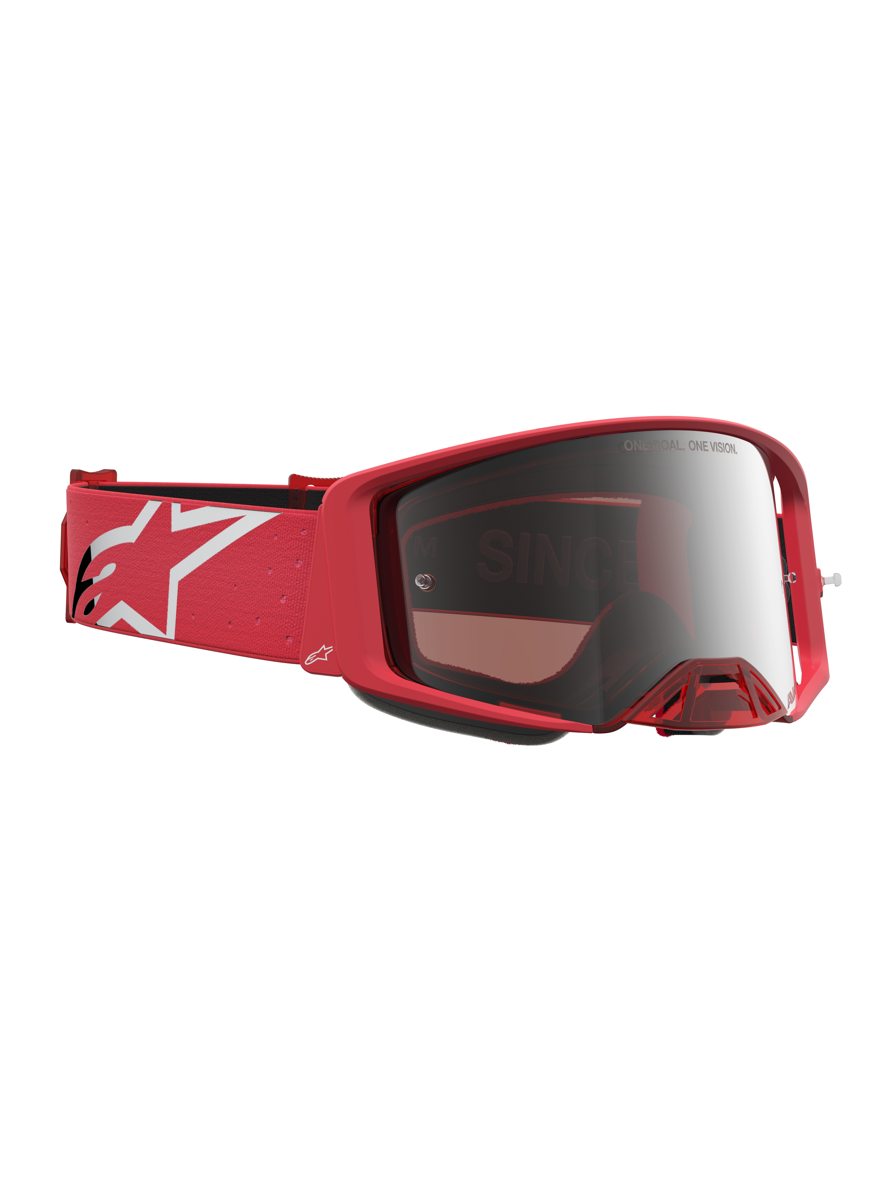 Alpinestars Supertech Vesta Schutzbrille, Motocross-Racing, Fluo-Rot und Silber-Verspiegelt, Brillenband mit weißem Stern-Logo.