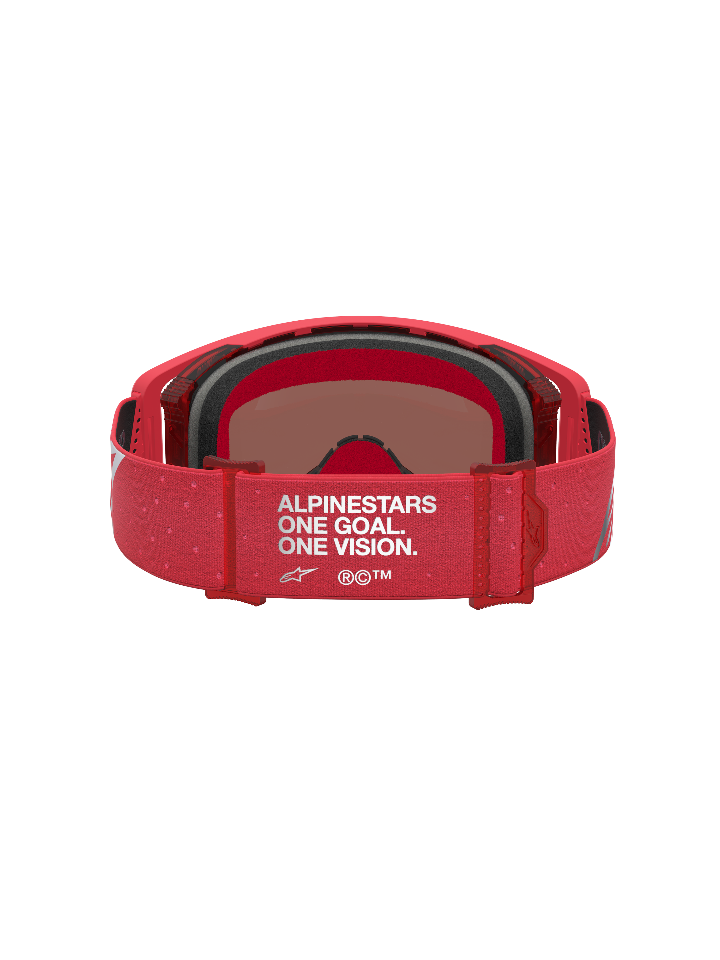 Alpinestars Supertech Vesta Schutzbrille, Motocross-Brille, Fluoreszierendes Rot und Silber, Rückansicht mit verstellbarem Band und One Goal One Vision-Slogan.