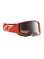 Alpinestars Supertech Schutzbrille Vesta, Motocross-Schutzbrille, Orange und Silber verspiegelt, Rennsportbrille mit weißem Stern-Logo auf dem Band.