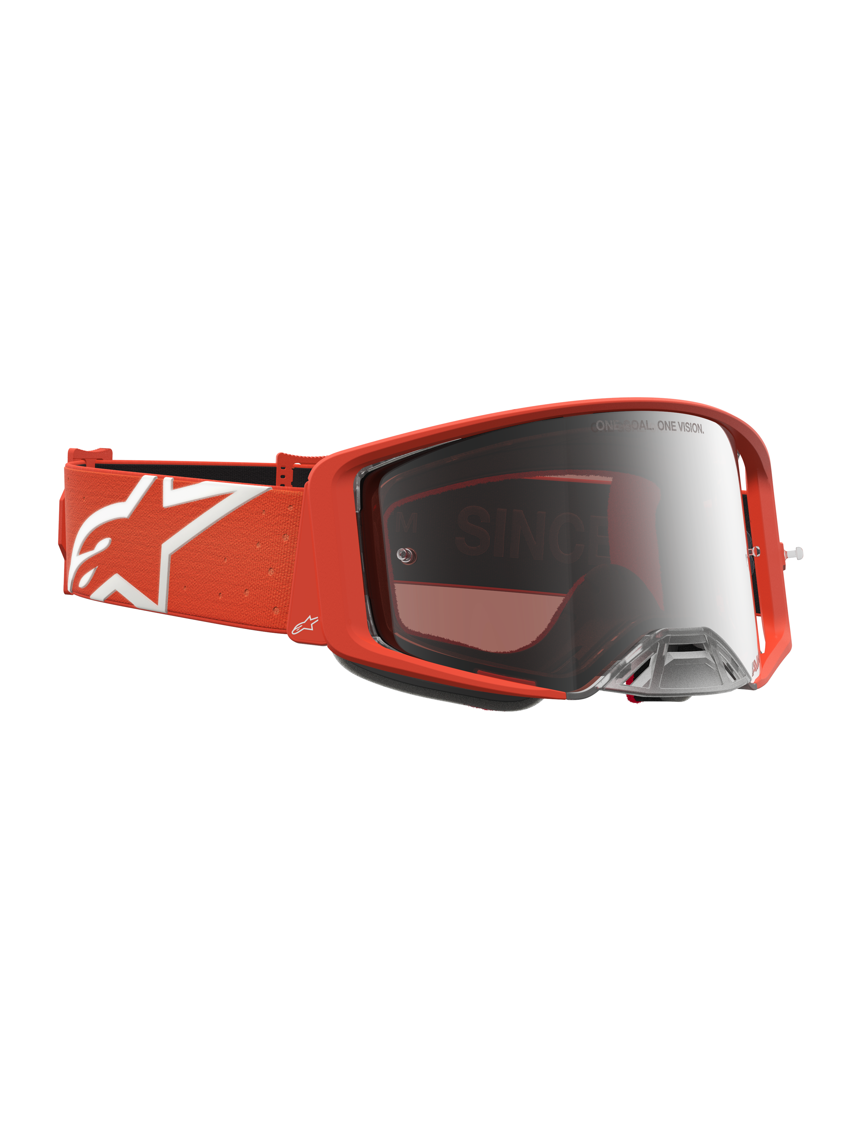Alpinestars Supertech Schutzbrille Vesta, Motocross-Schutzbrille, Orange und Silber verspiegelt, Rennsportbrille mit weißem Stern-Logo auf dem Band.