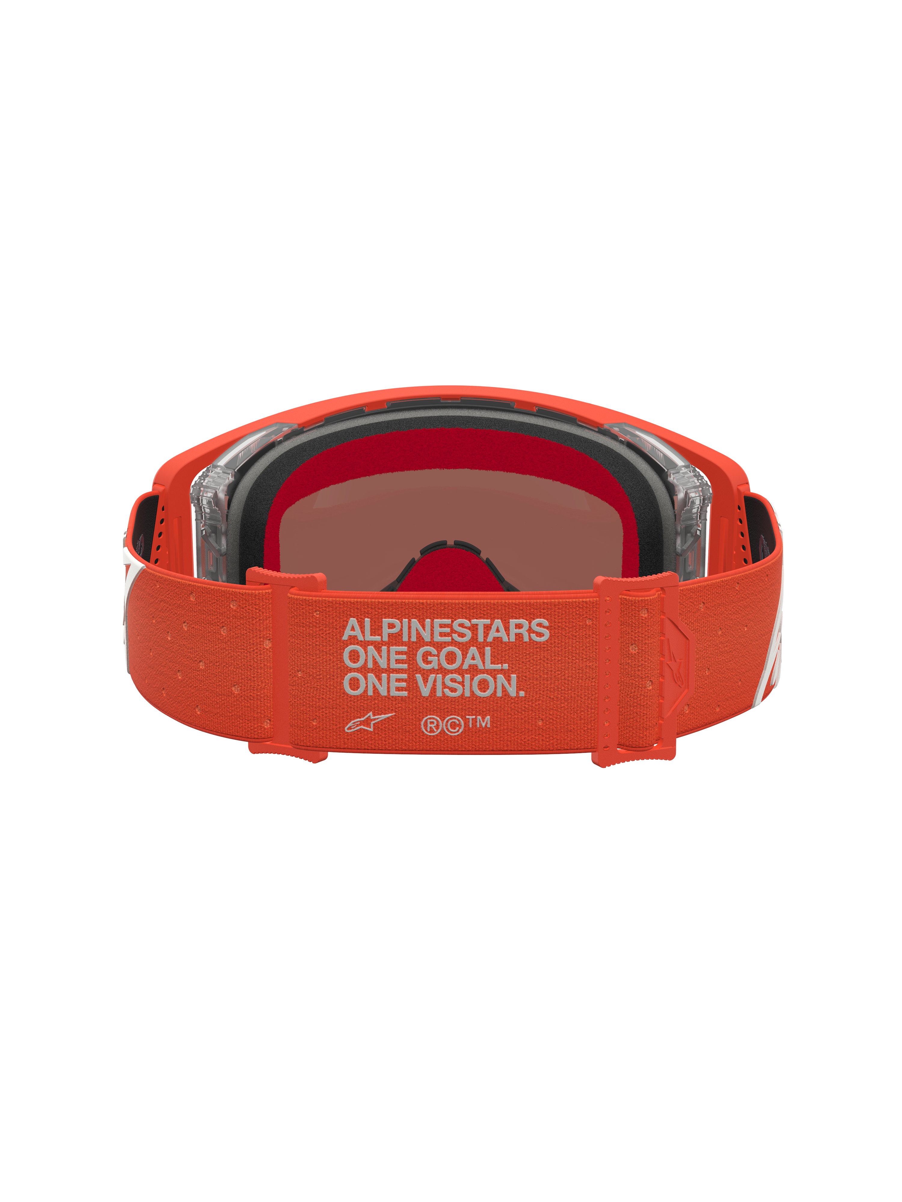 Alpinestars Supertech Schutzbrille Vesta, Motocross-Brille, Orange, Rückansicht mit Halteband und Innenschaumstoff.