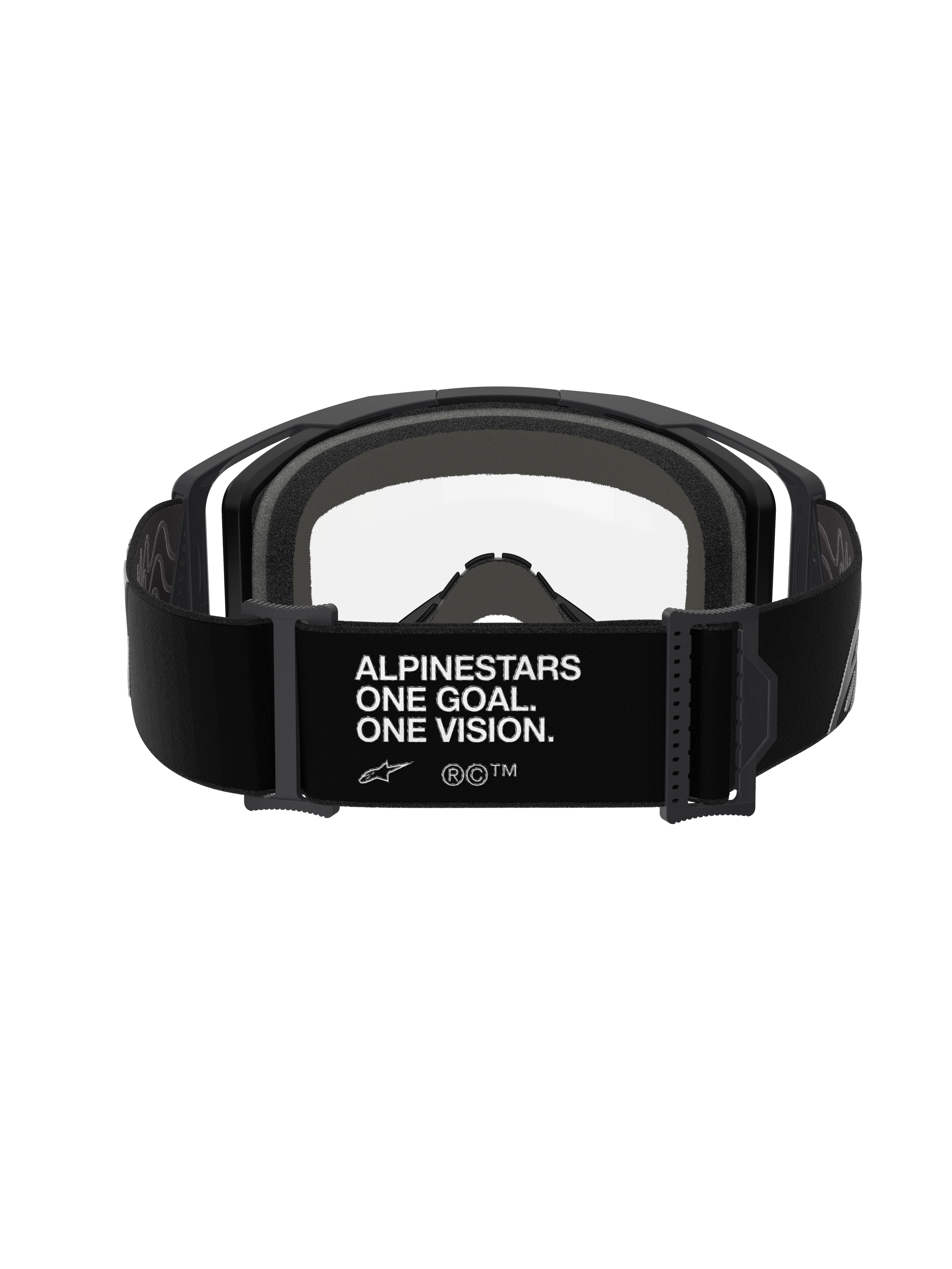 Alpinestars Vision 8 Corp Goggles, Black Clear, rear view featuring the black adjustable strap with white "ALPINESTARS ONE GOAL. ONE VISION." text, gray multi-layer face foam, and clear polycarbonate lens, performance motocross eyewear