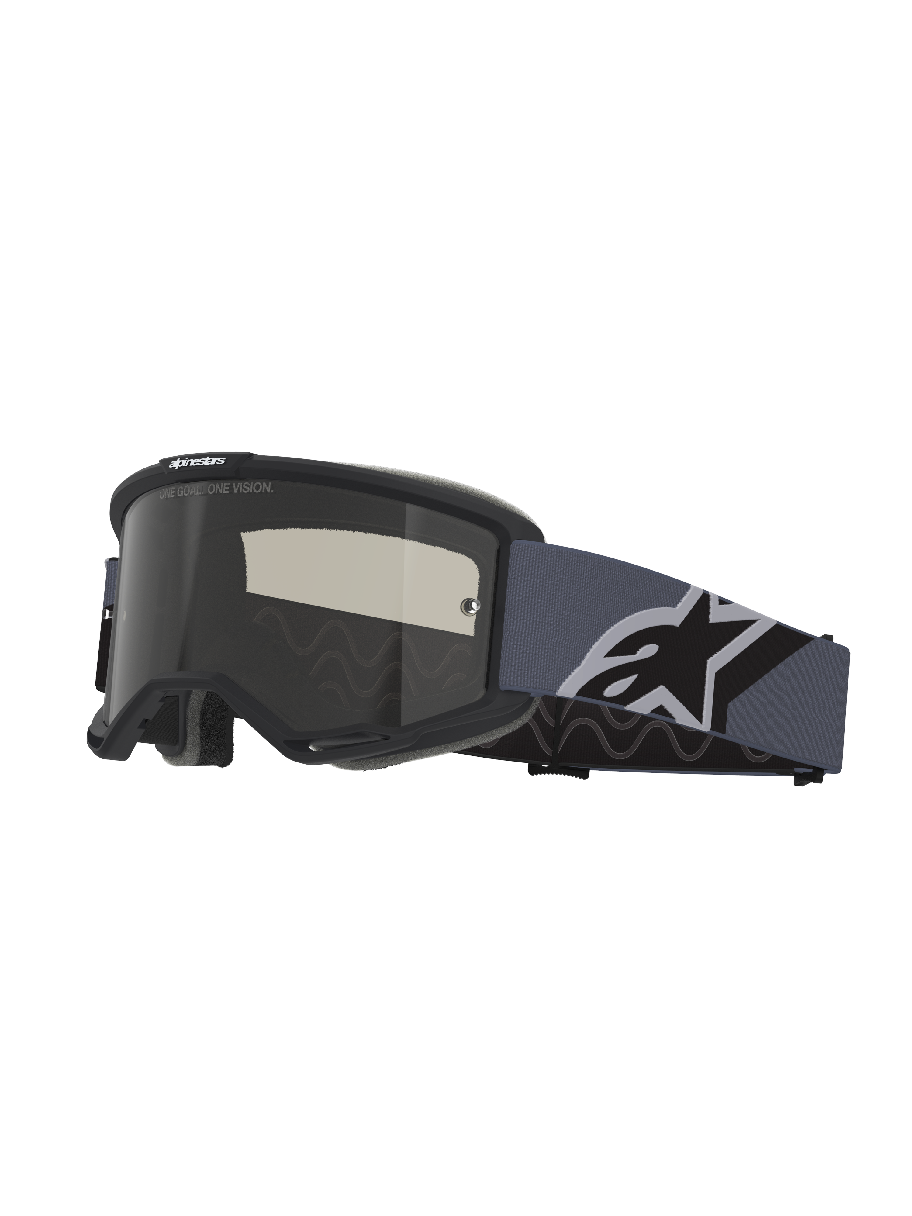 Alpinestars Vision Sand Goggles, Motocross Goggles, Black and Gray frame with Dark Smoke lens, wide blue-gray strap featuring a large black and white Alpinestars logo, protective eyewear for off-road and desert riding