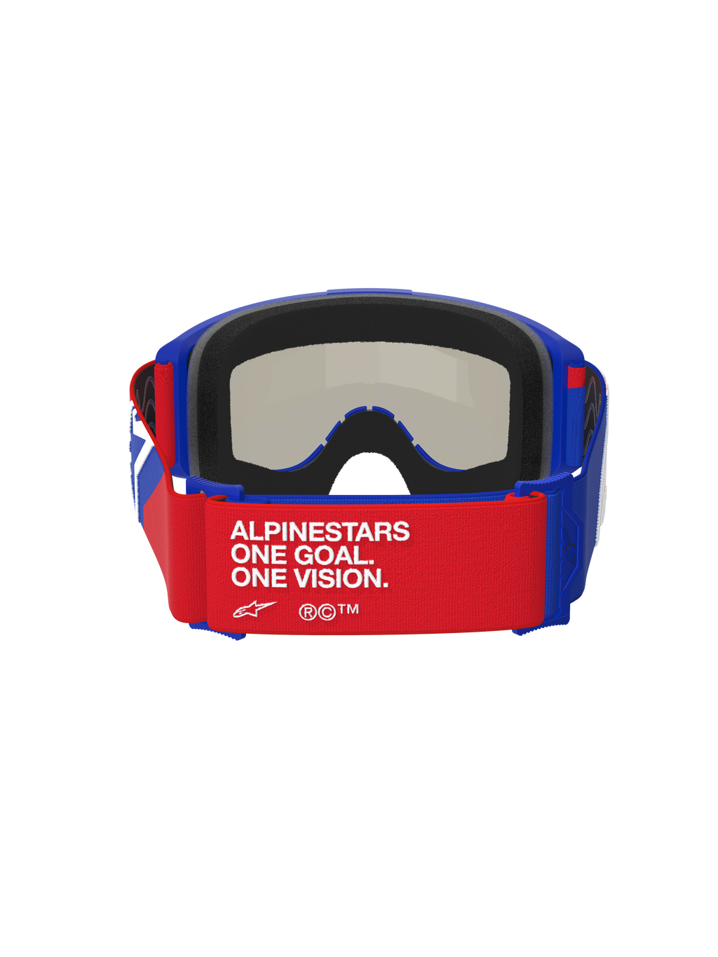 Alpinestars Vision Sand Brille, Blau, Rot und Weiß, Rückansicht mit rotem Brillenband und weißem 'ALPINESTARS ONE GOAL. ONE VISION.' Schriftzug, blauer Rahmen mit dicker schwarzer Schaumstoffpolsterung, von innen sichtbare Dark Smoke Linse, Hochleistungs-Motocross-Brille