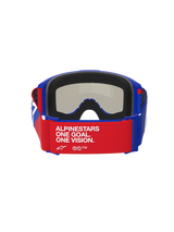 Alpinestars Vision Sand Goggles, Blue Red and White, rear view featuring a red strap with white 'ALPINESTARS ONE GOAL. ONE VISION.' text, blue frame with thick black foam padding, dark smoke lens visible from the inside, high-performance motocross goggles